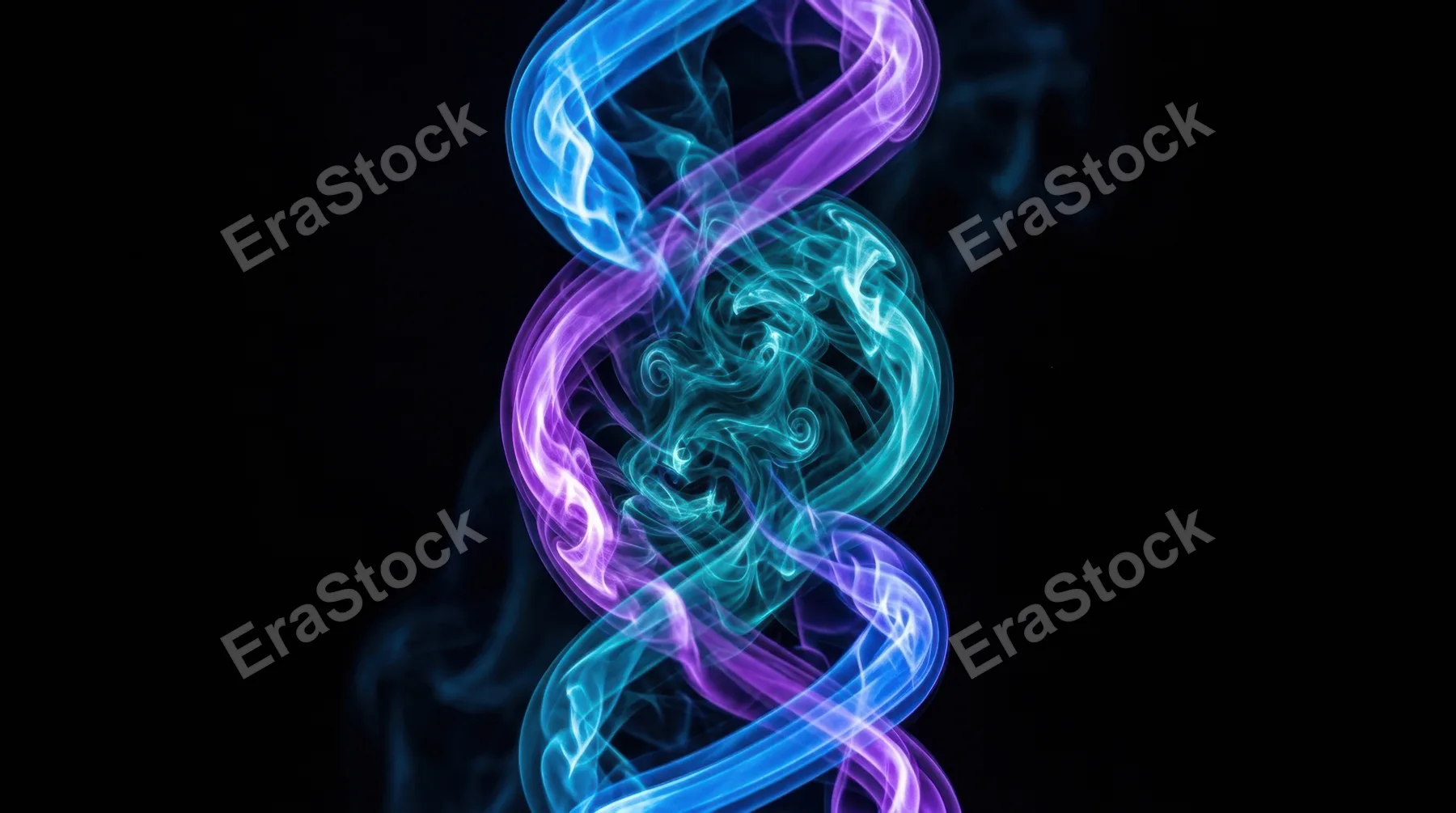 Dense coils of electric blue and violet smoke intertwining in a double helix formation against a pure black void, the twin columns rotating around each other with perfect