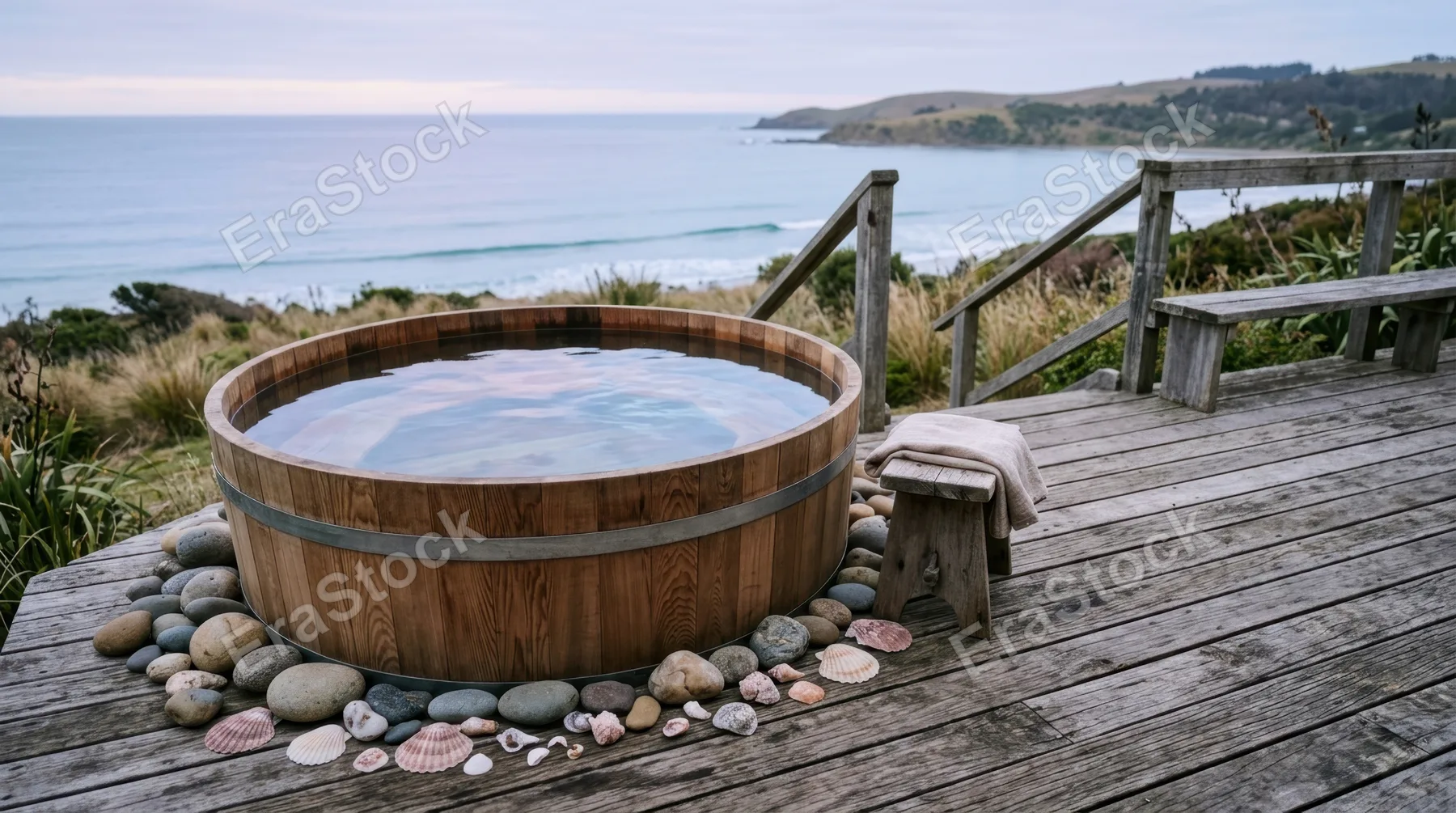 a serene cedar plunge barrel is prominently placed on a rustic wooden deck, surrounded by smooth stones and delicate seashells. soft natural light filters through