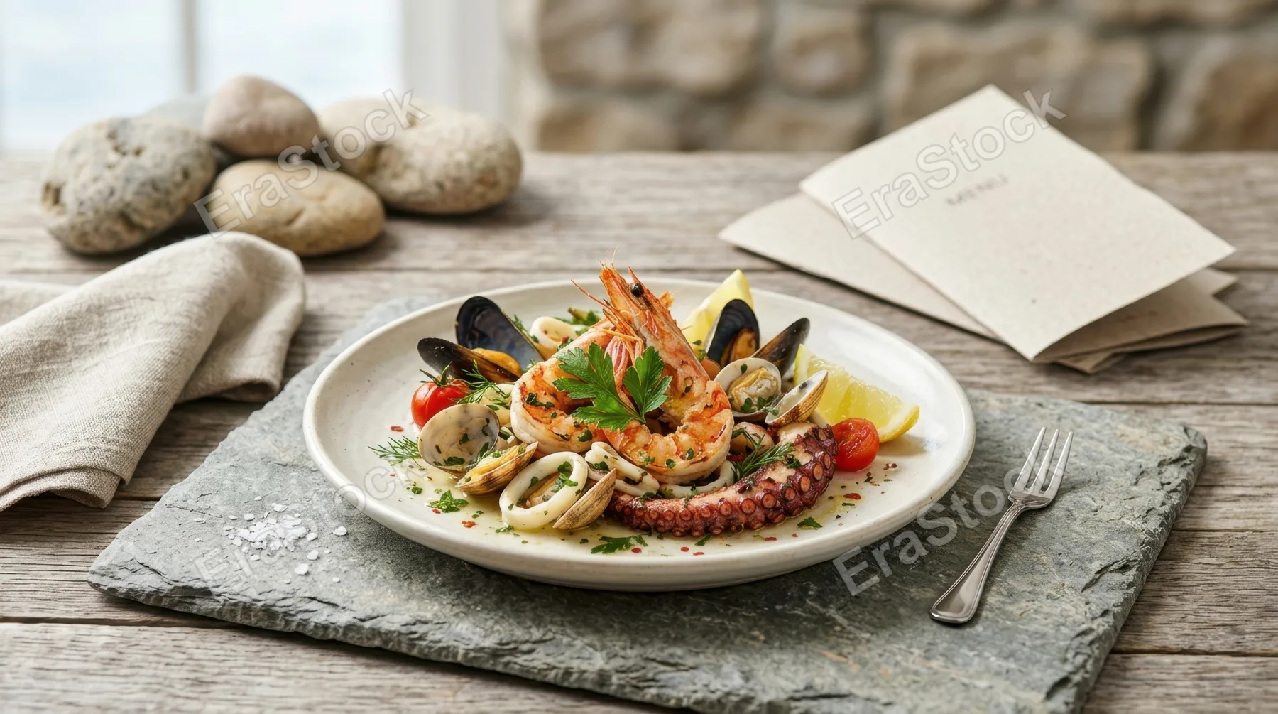 a clean, graphic composition showcasing the seafood dish against a soft backdrop of natural rocks and blank menus, specifically designed for advertising with generous