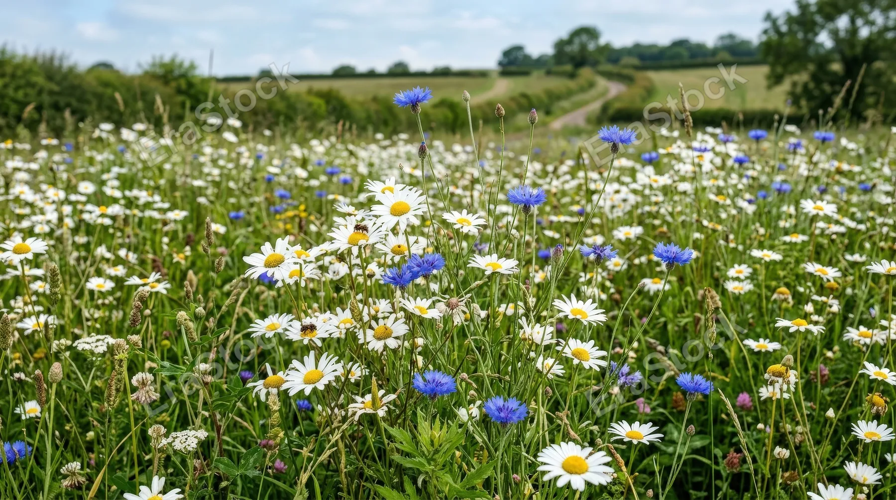 A wildflower pattern with daisies and blue cornflowers, natural meadow detail, matte textures and calm countryside freshness, ultra-realistic, no logos.