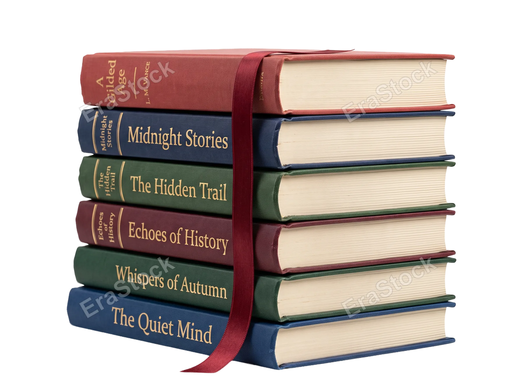 A neat stack of antique-style hardcover books, each with a different colored spine and a deep red ribbon bookmark, presented on a clean white background