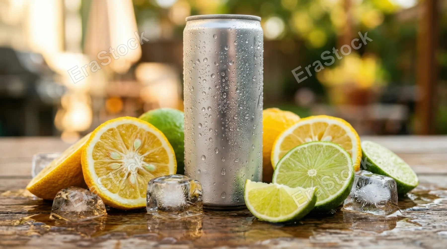 a tight focus on the condensation droplets on a blank slim can, surrounded by vibrant slices of fresh yuzu and lime. melting ice cubes rest nearby, catching light and