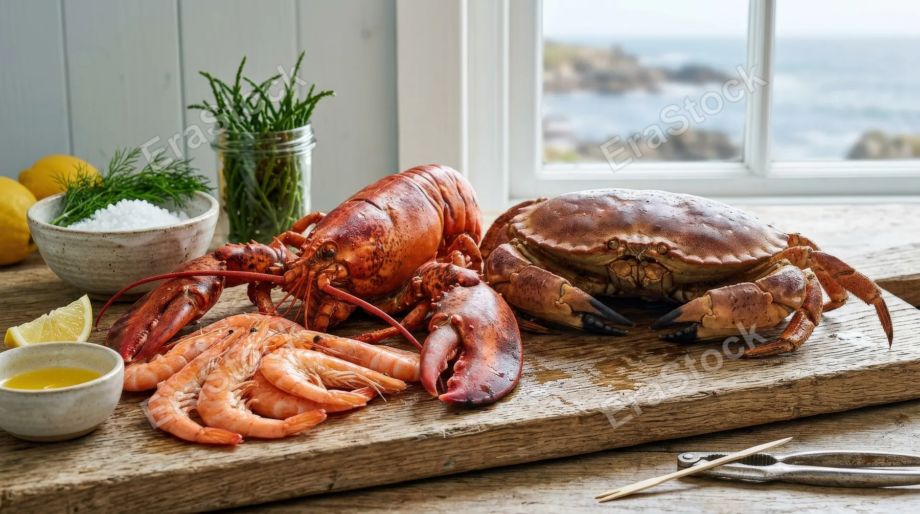 A set of sea animals including lobster, crab and shrimp displayed on a clean backdrop, rich shell textures and coastal culinary character, fresh maritime atmosphere, ultra-realistic, no logos.