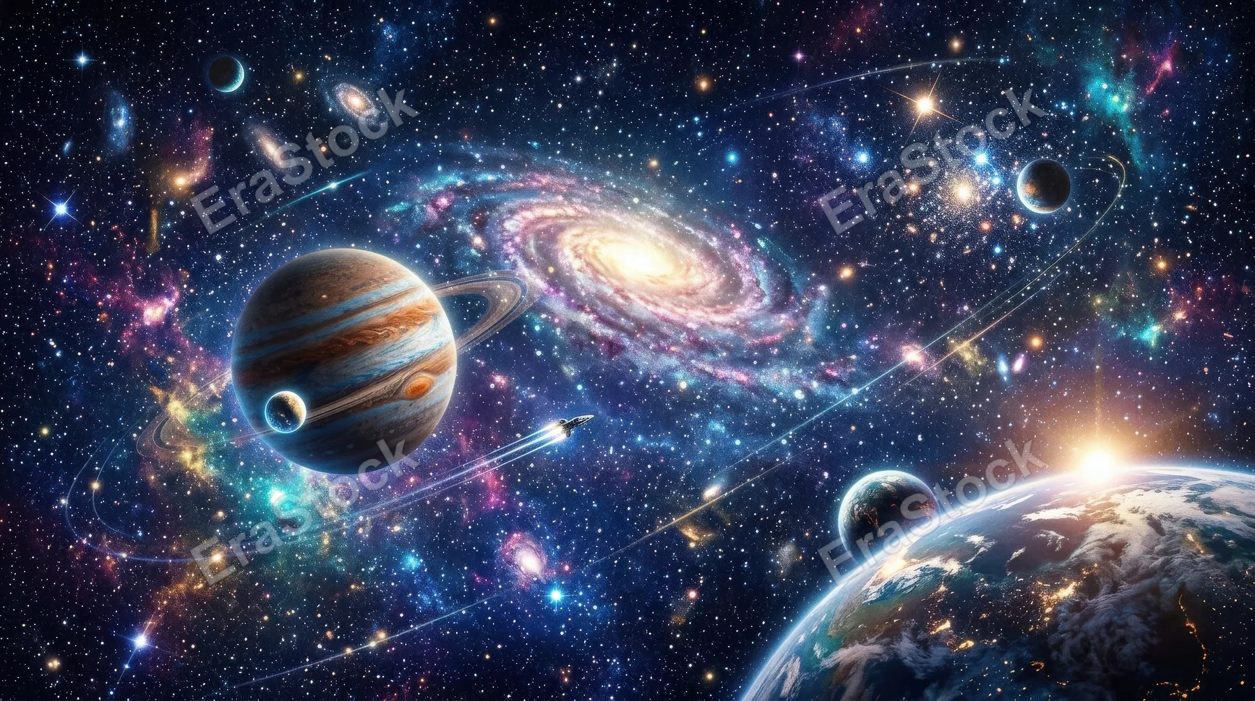 Colorful cosmic wallpaper texture suggesting universe travel between stars and planets, luminous depth, dreamy sci-fi atmosphere, ultra-realistic, no logos.