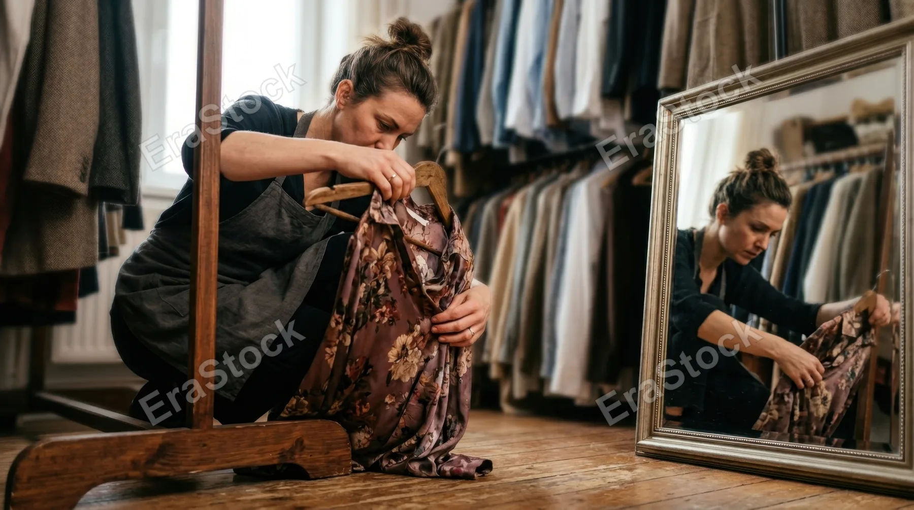 from a distinct angle, a low perspective captures the stylist's hands actively engaging in the arrangement of the blouse within the wardrobe setup. this candid