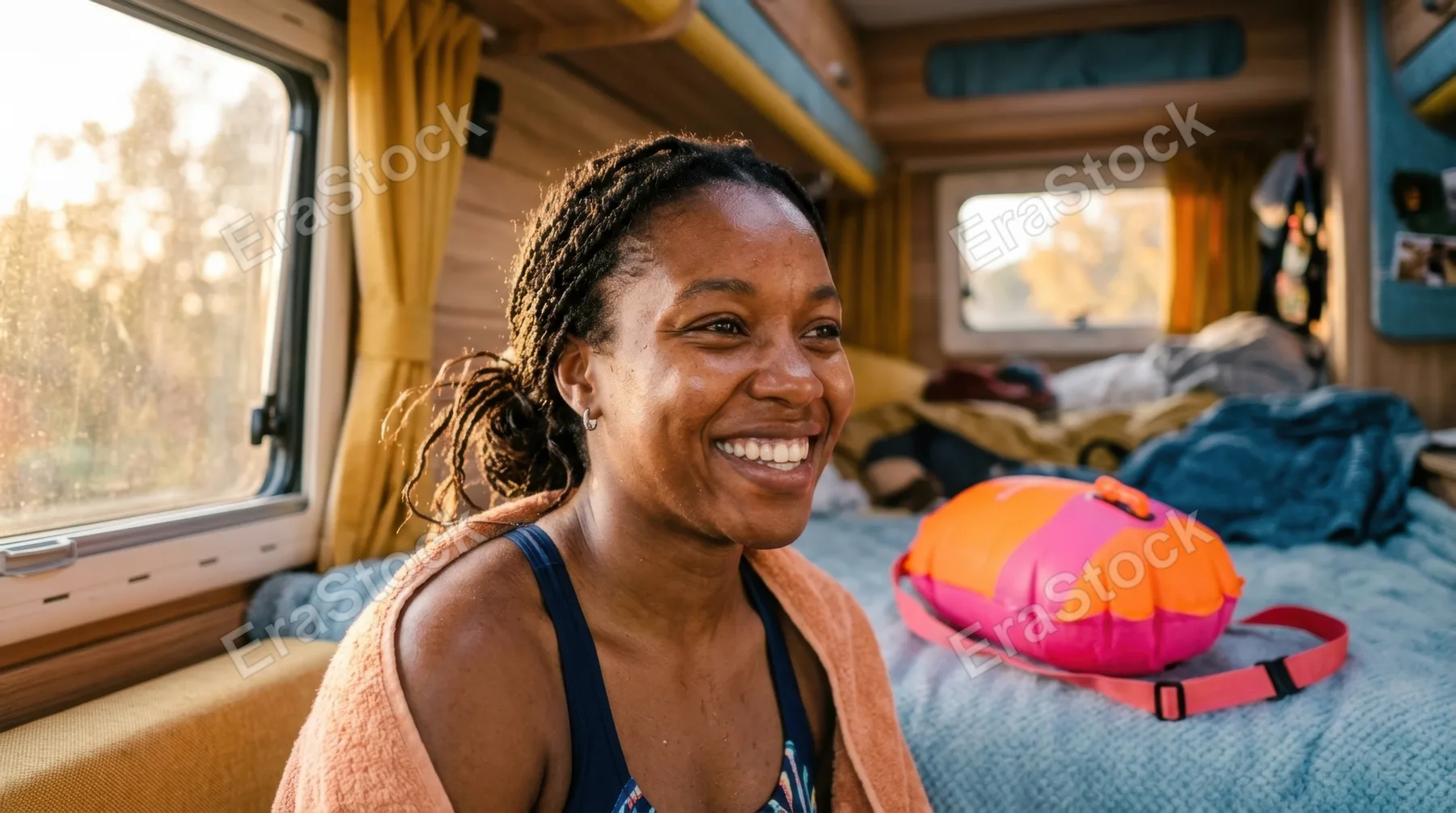 a close-up of the black female swimmer's face illuminated by warm, soft light as she smiles after her refreshing swim. the brightly colored tow float is visible beside