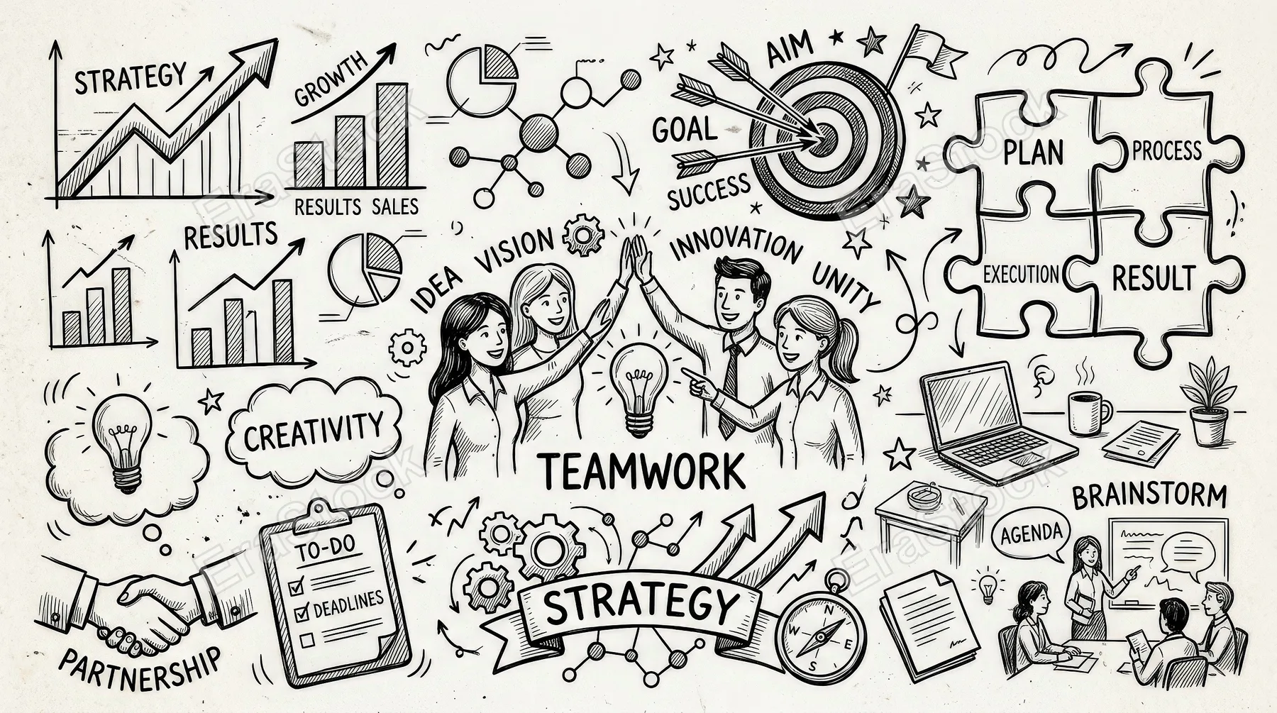 Doodle business icons with strategy charts, target, puzzle, teamwork and office elements in a hand-drawn sketch style, lively and creative, ultra-realistic, no logos.