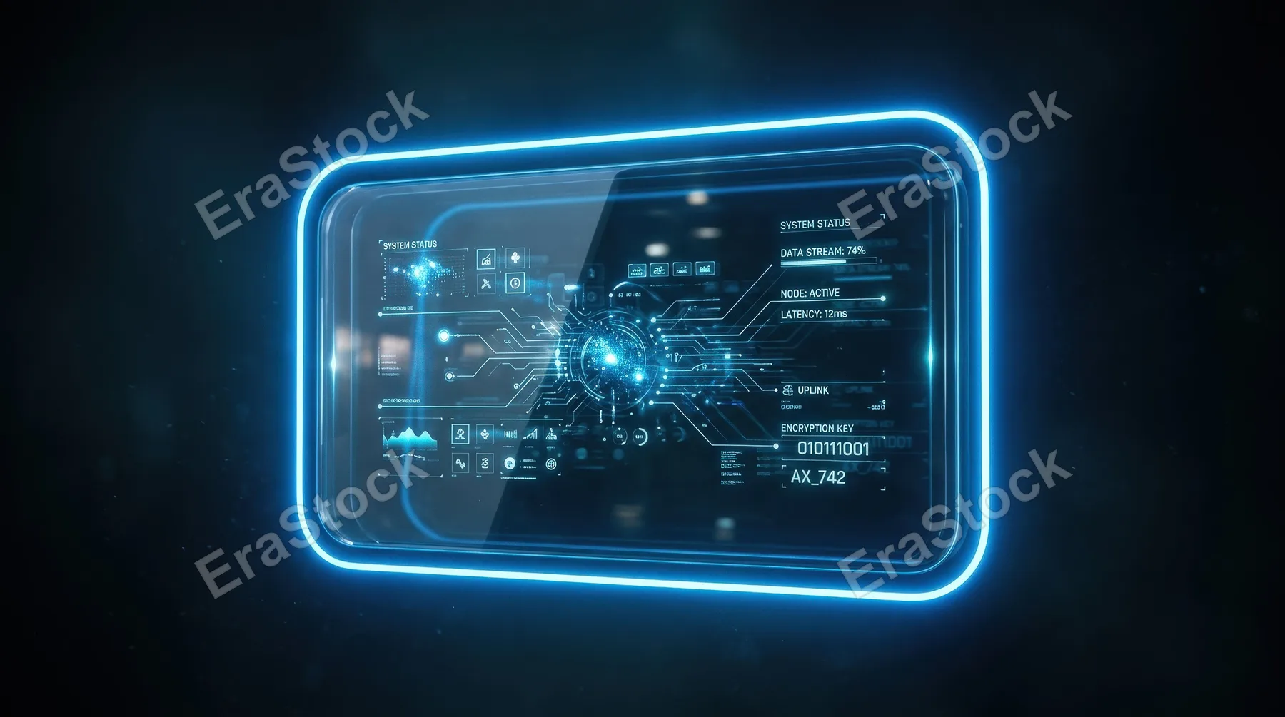 A futuristic blue neon glass panel with rounded corners, glossy gradients, transparent digital surface and soft luminous edges on dark background, ultra-realistic, no logos.
