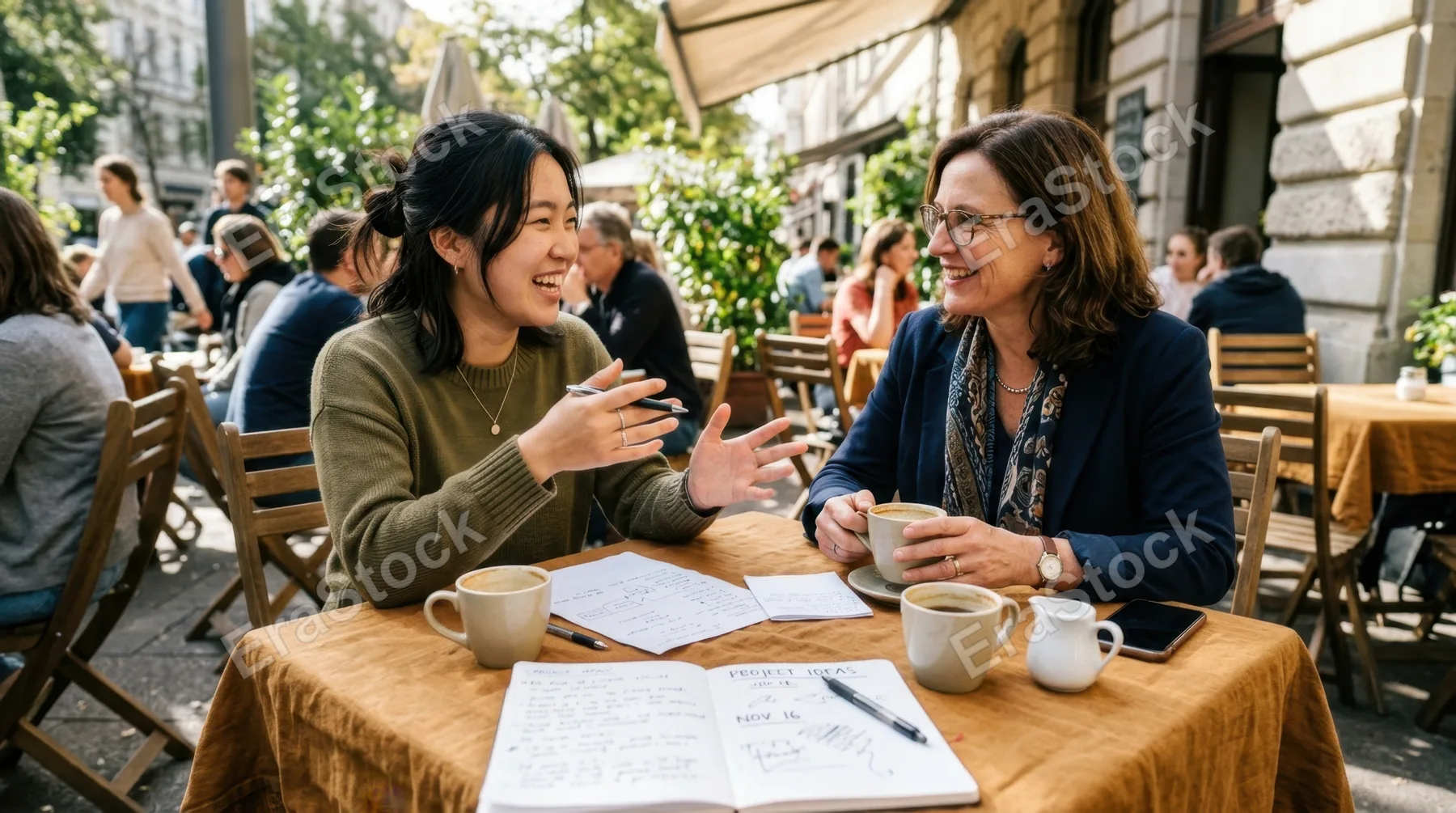 a low-angle perspective captures the vibrant interactions at the outdoor cafe, where the 22-year-old asian female graduate and her mentor engage in animated conversation