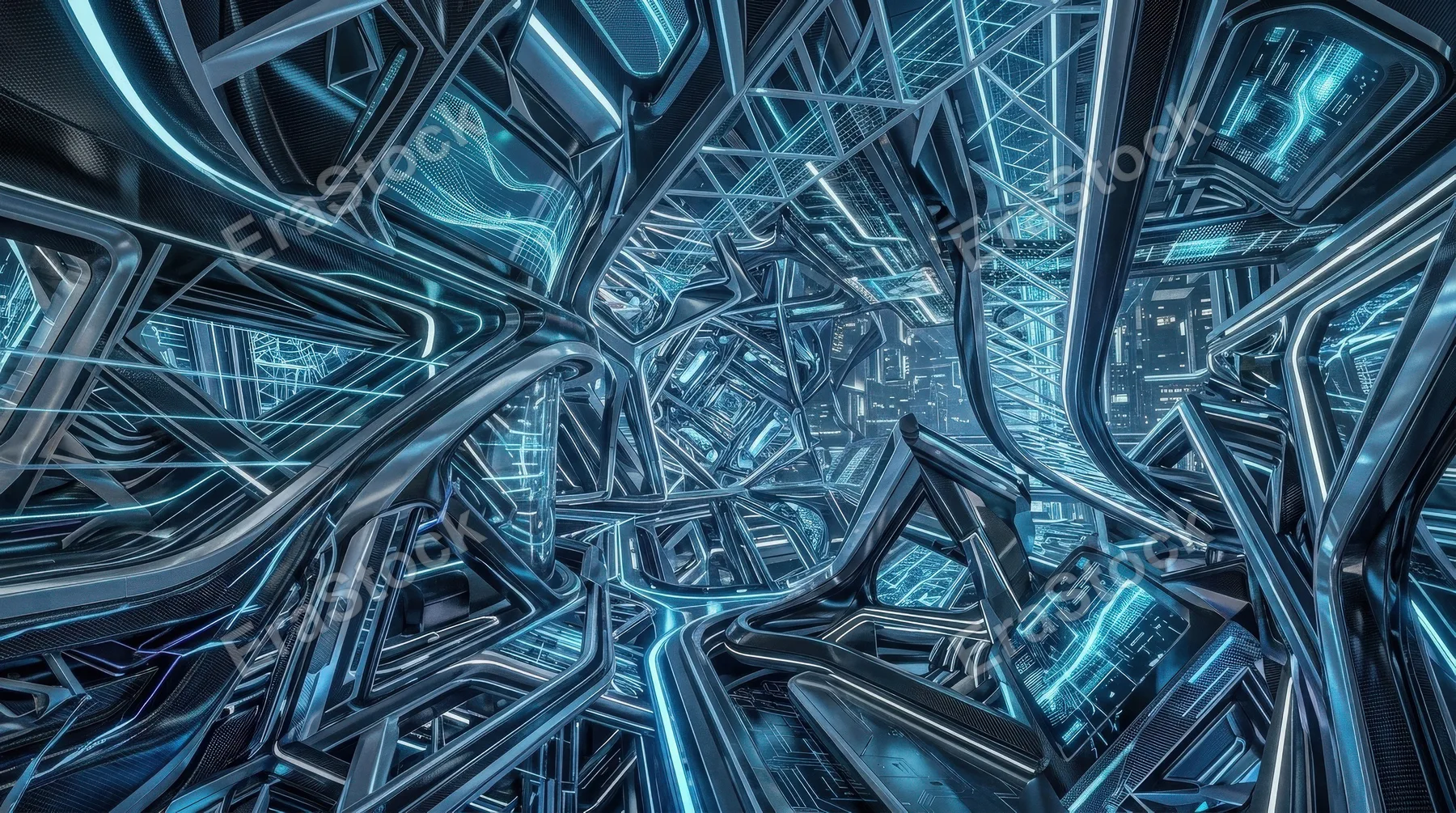 An abstract futuristic design with sleek surfaces and modern technology cues, immersive high-tech atmosphere, ultra-realistic, no logos.