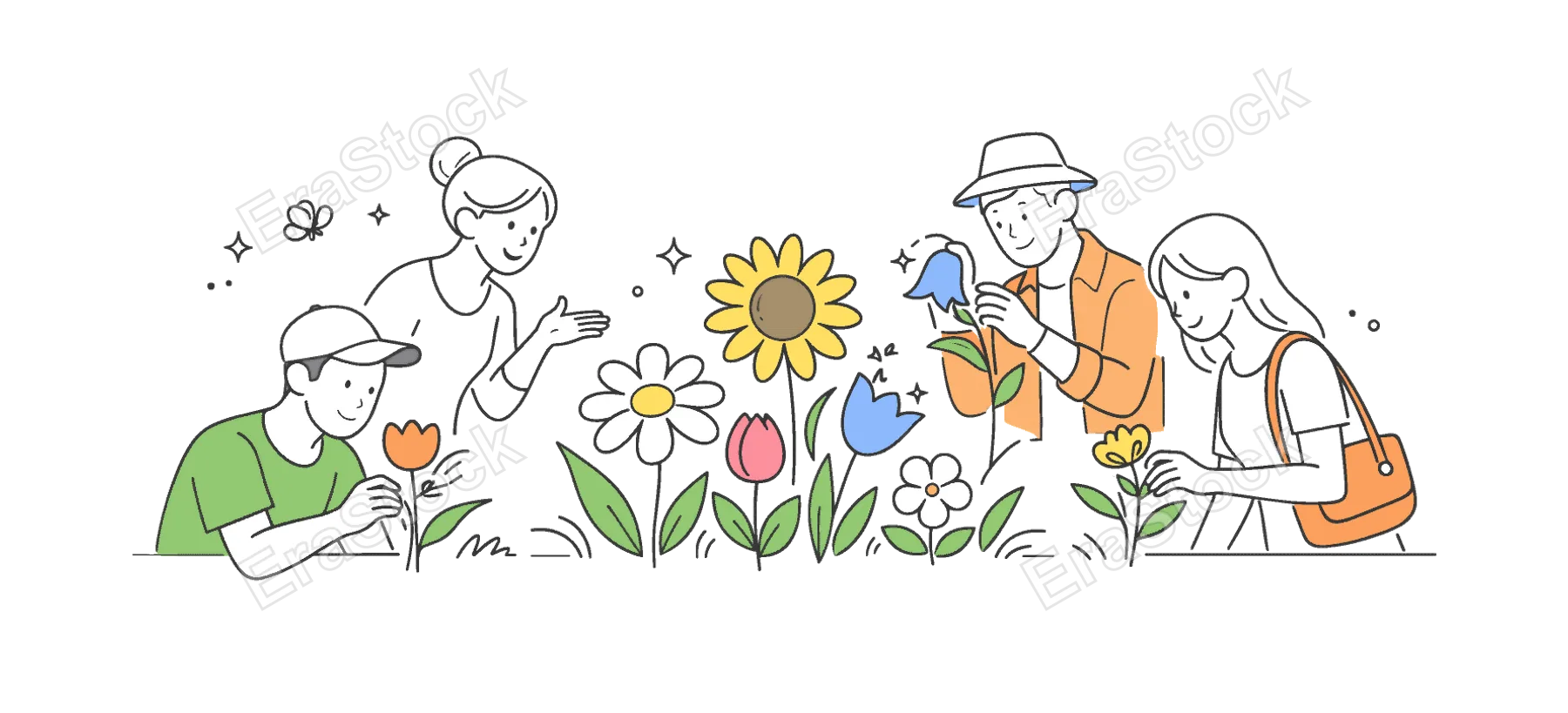 People exploring and appreciating different types of flowers in a calm natural or lifestyle setting to enjoy variety and beauty, illustrated through a clear metaphor of a