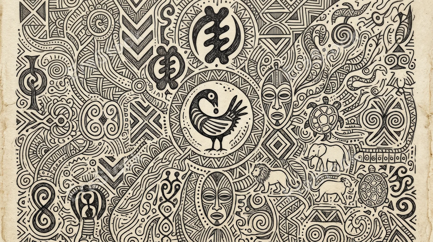 African tribal symbols in fine doodle line art, expressive cultural motifs with rhythmic handcrafted detail and earthy visual energy, ultra-realistic, no logos.