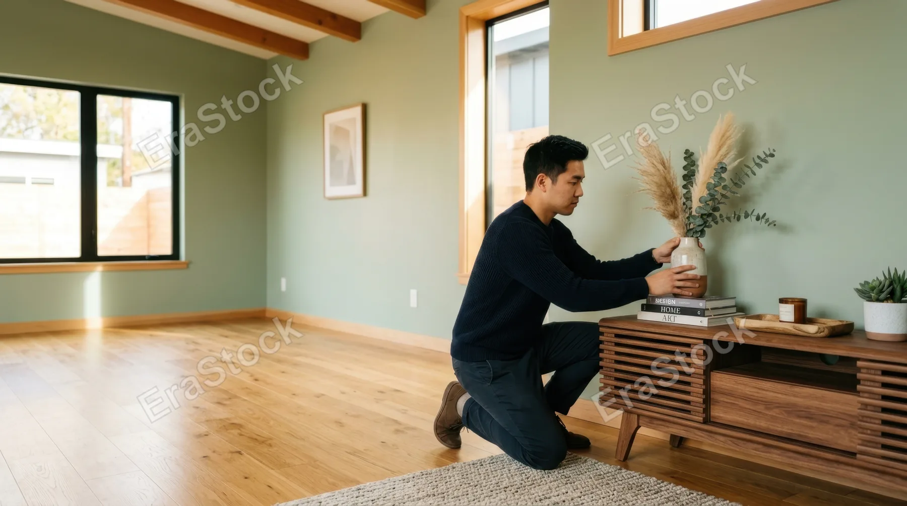 a bold and graphic composition showcases the empty living room of a contemporary adu, where a 27-year-old asian male home stager is thoughtfully arranging decor. the warm