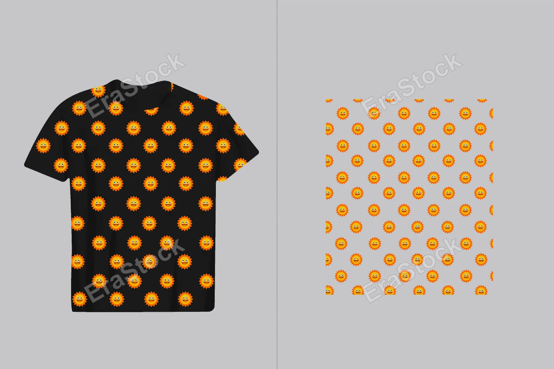 A playful and cheerful pattern featuring cartoon suns with happy faces, displayed on a black t-shirt and as a seamless repeat on a grey surface