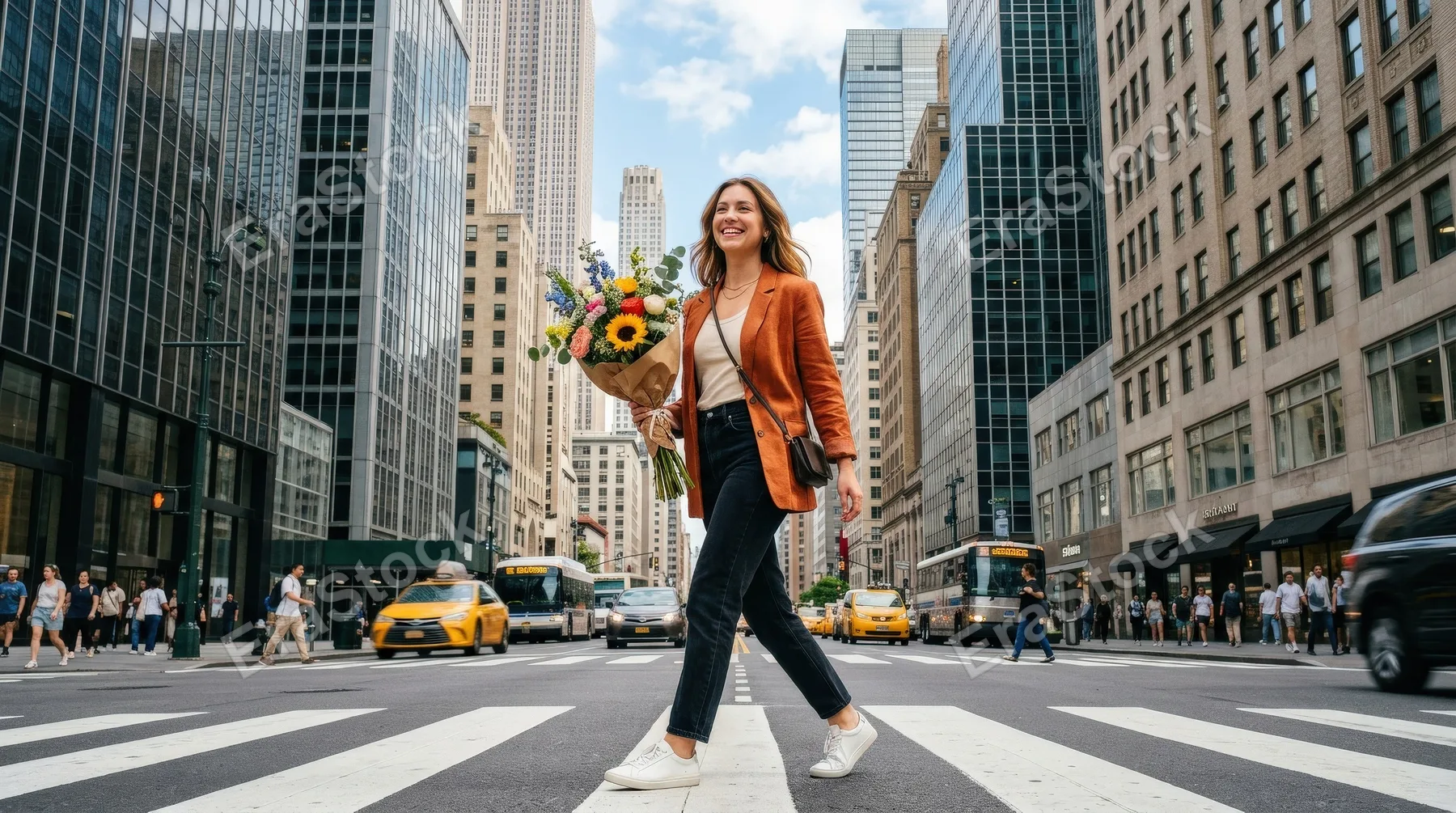 A happy young woman crossing a city street with a flower bouquet, towering buildings around her and vibrant urban optimism, ultra-realistic, no logos.