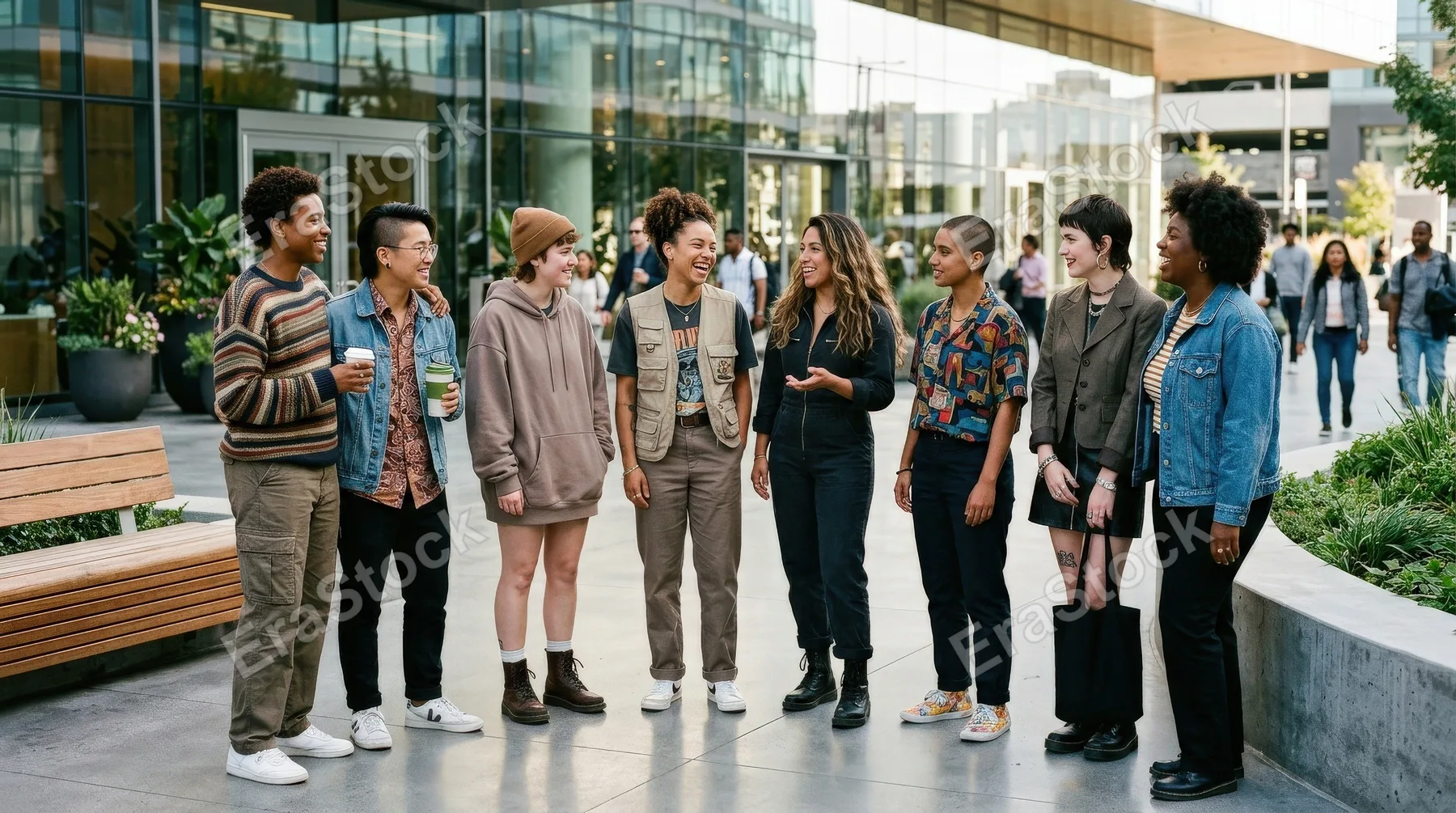 A diverse group of non-binary people gathered in a modern public space, varied fashion and expressions, inclusive uplifting atmosphere, ultra-realistic, no logos.