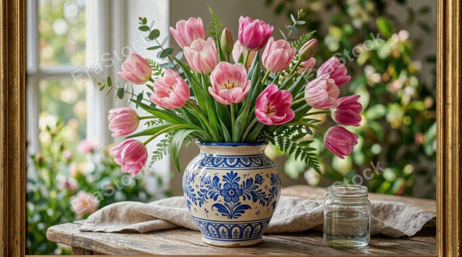 A hand-painted bouquet of pink tulips in a decorative ceramic vase with blue ornament, fresh spring elegance and soft botanical charm, ultra-realistic, no logos.