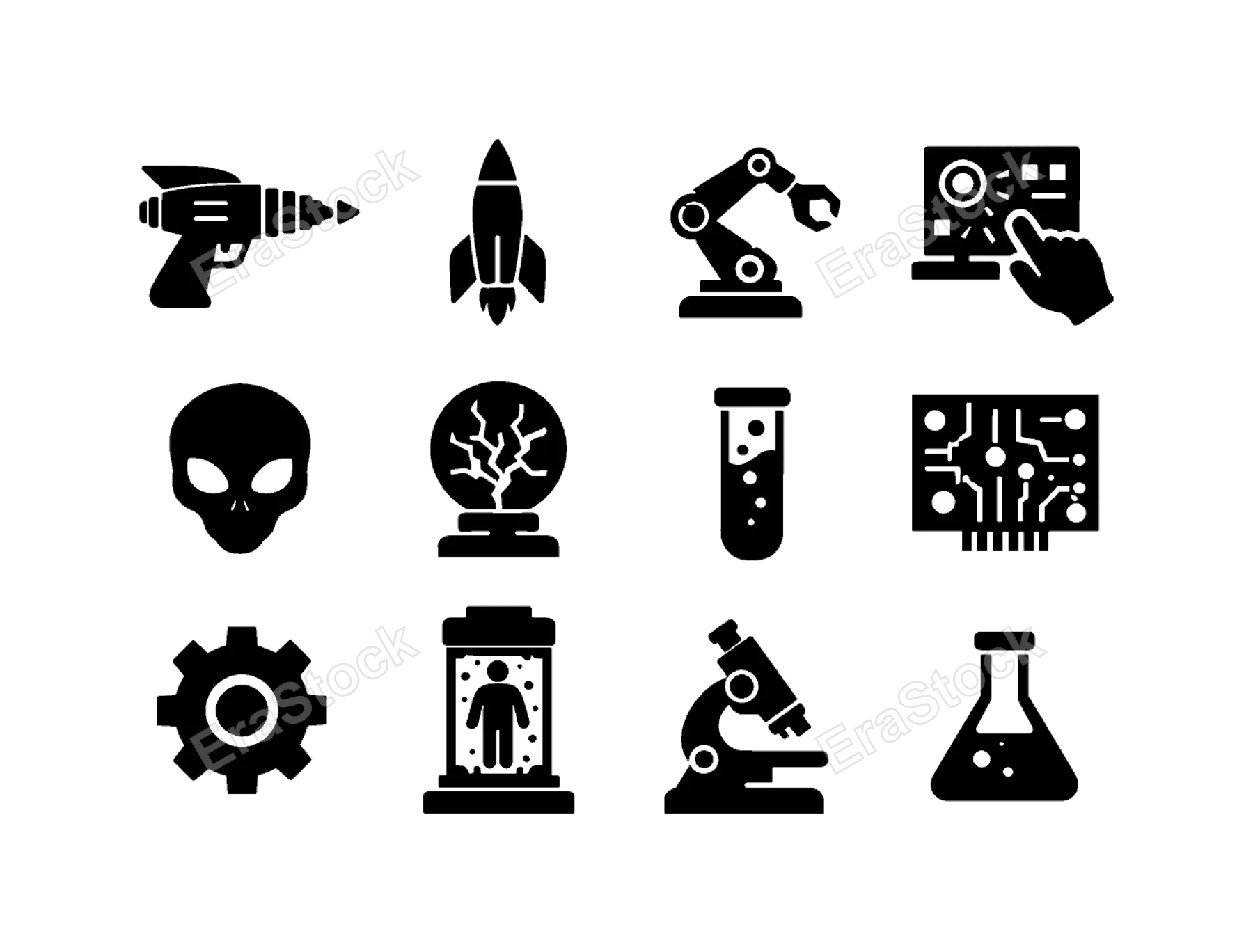 Retro sci-fi lab: ray gun, rocket model, robotic arm, holographic control panel, alien skull, energy orb, test tube, circuit board, mechanical gear, containment tank, microscope