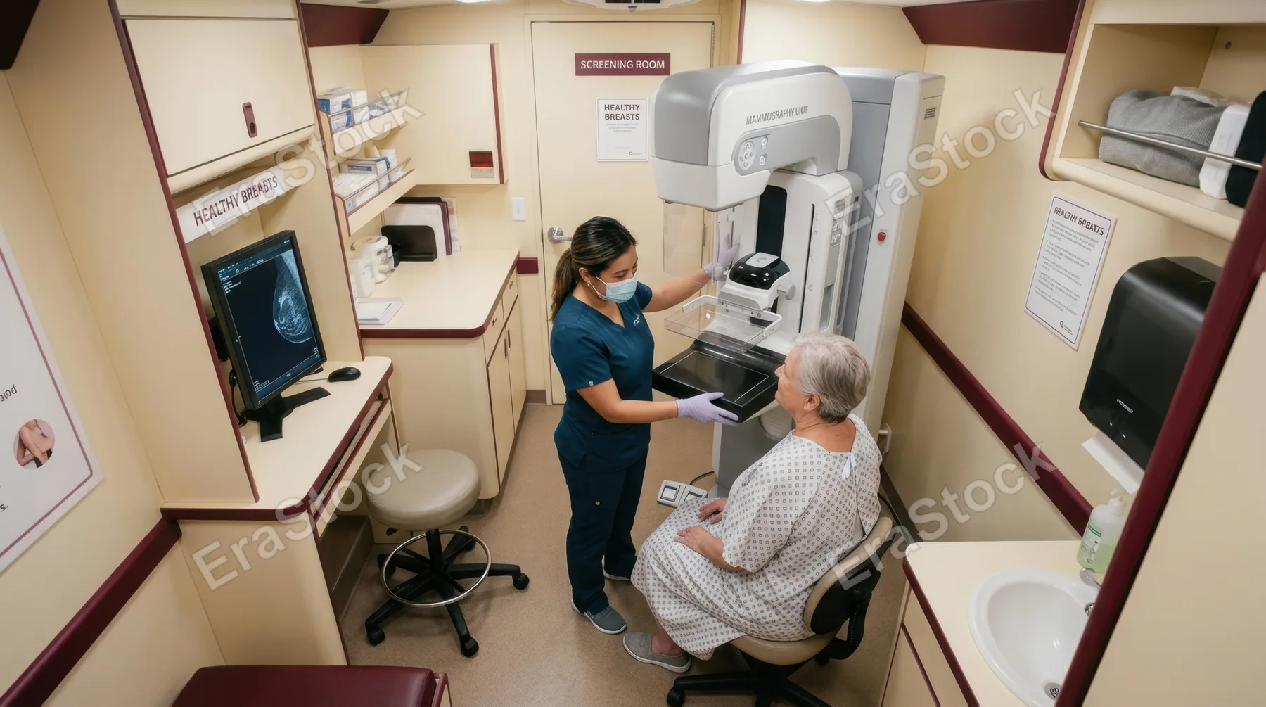 an overhead angle captures the scene of the mobile medical van, focusing on the mammography technologist in action with the mammography machine visible in the background