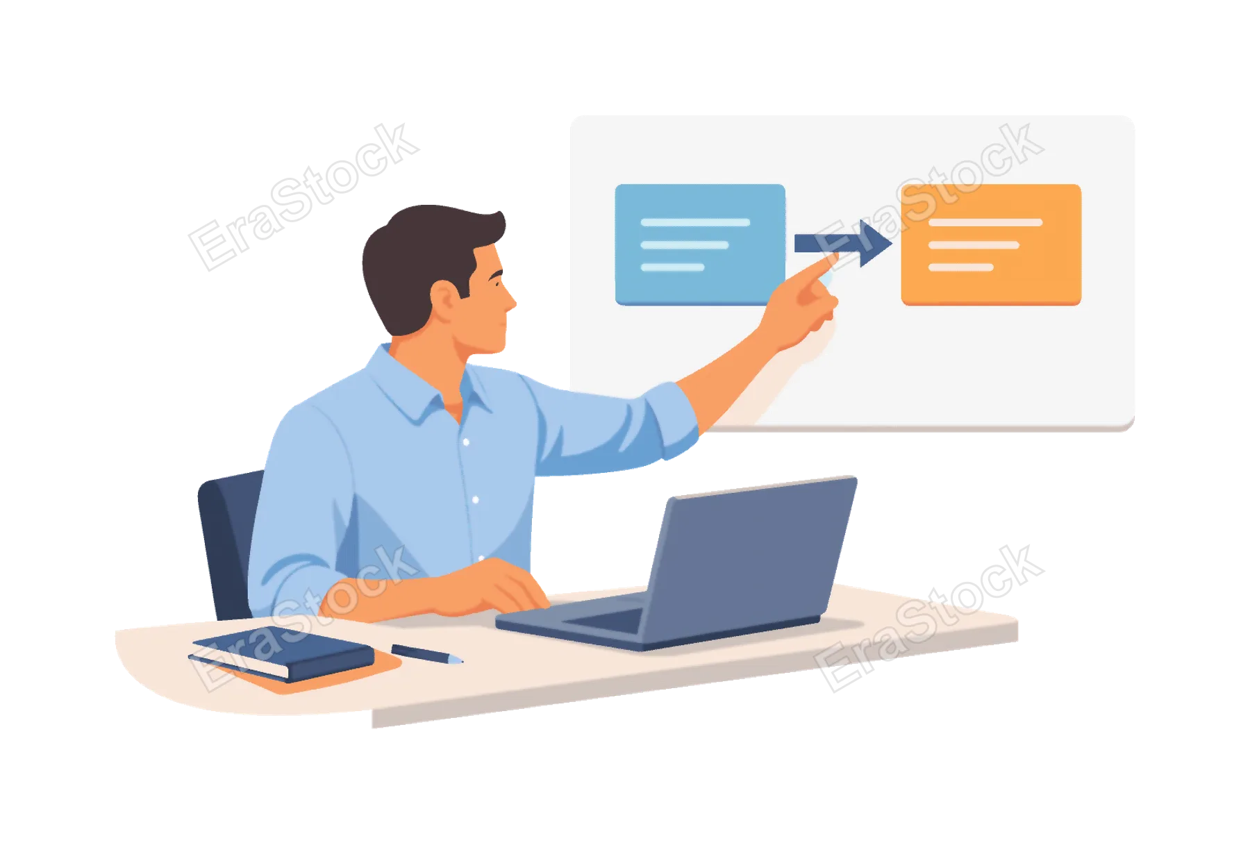 A professional improving task handoff clarity during a focused workflow moment, sitting at a desk with a laptop while organizing a simple transfer arrow between two