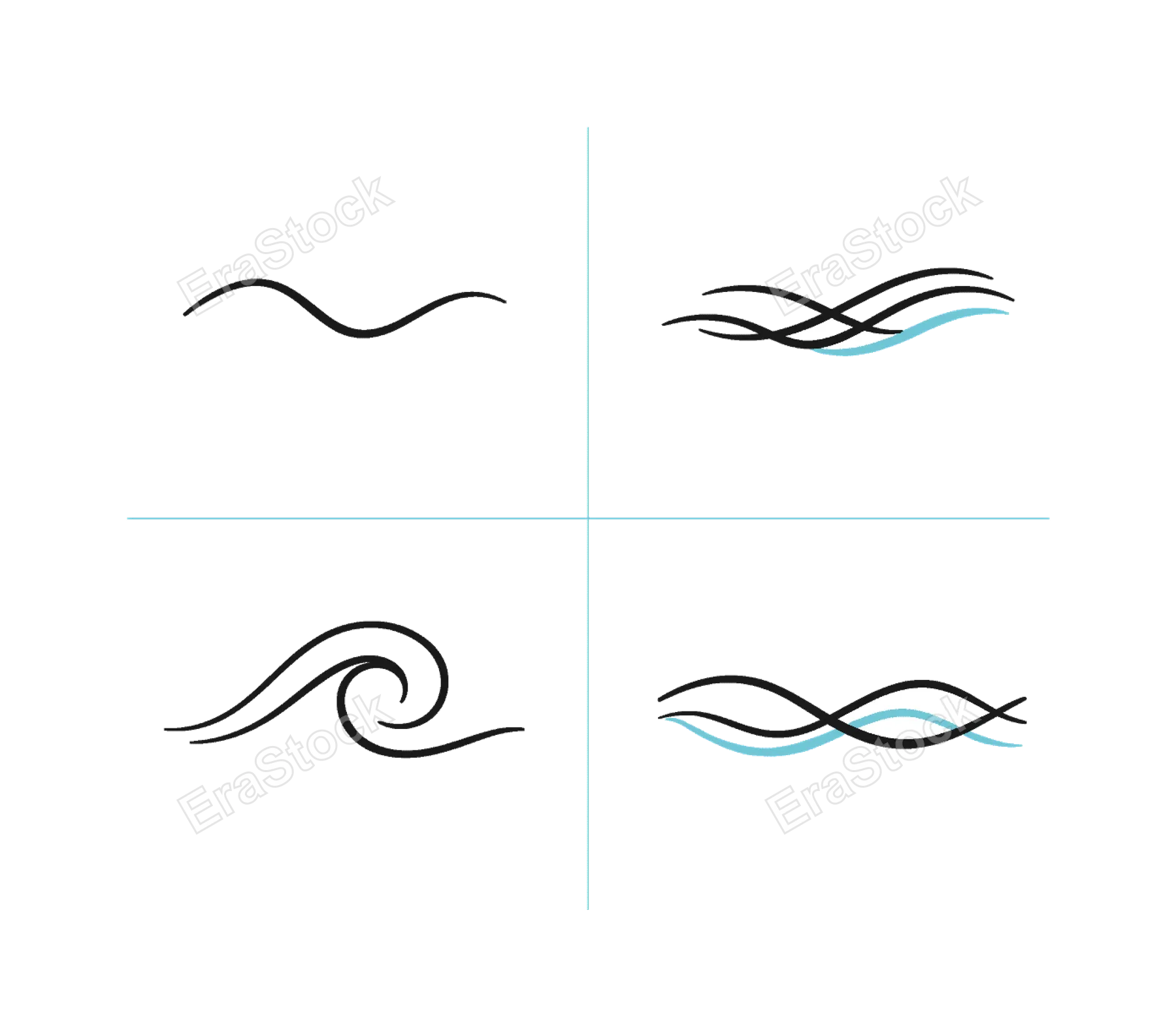 Wavy lines and flowing strokes representing dynamic movement and modern abstract graphic elements used in contemporary design layouts and backgrounds, visualized as four simple