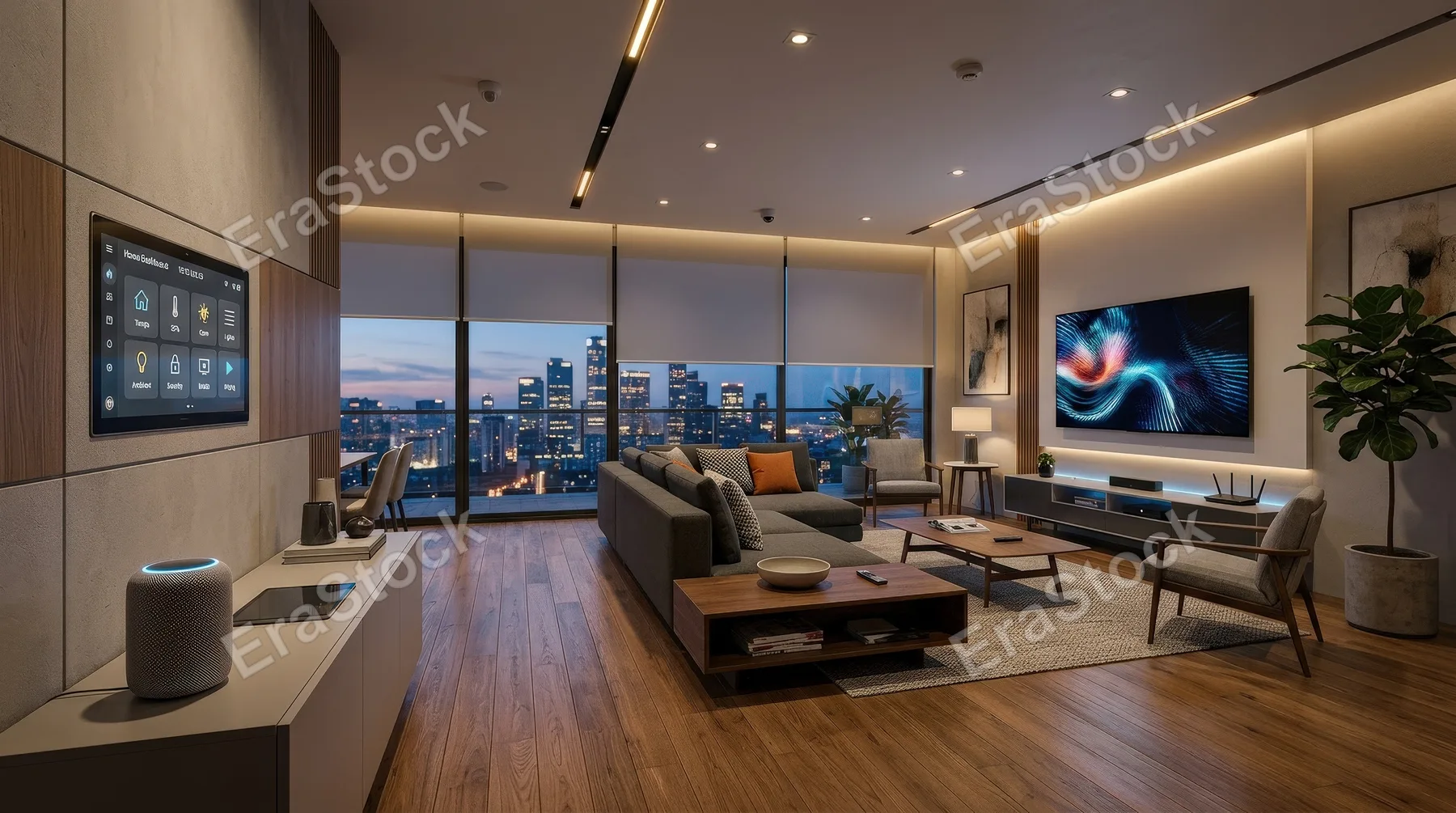 A modern smart home living room featuring a digital control panel, connected devices, wooden floor and contemporary furniture, polished future-home atmosphere, ultra-realistic, no logos.
