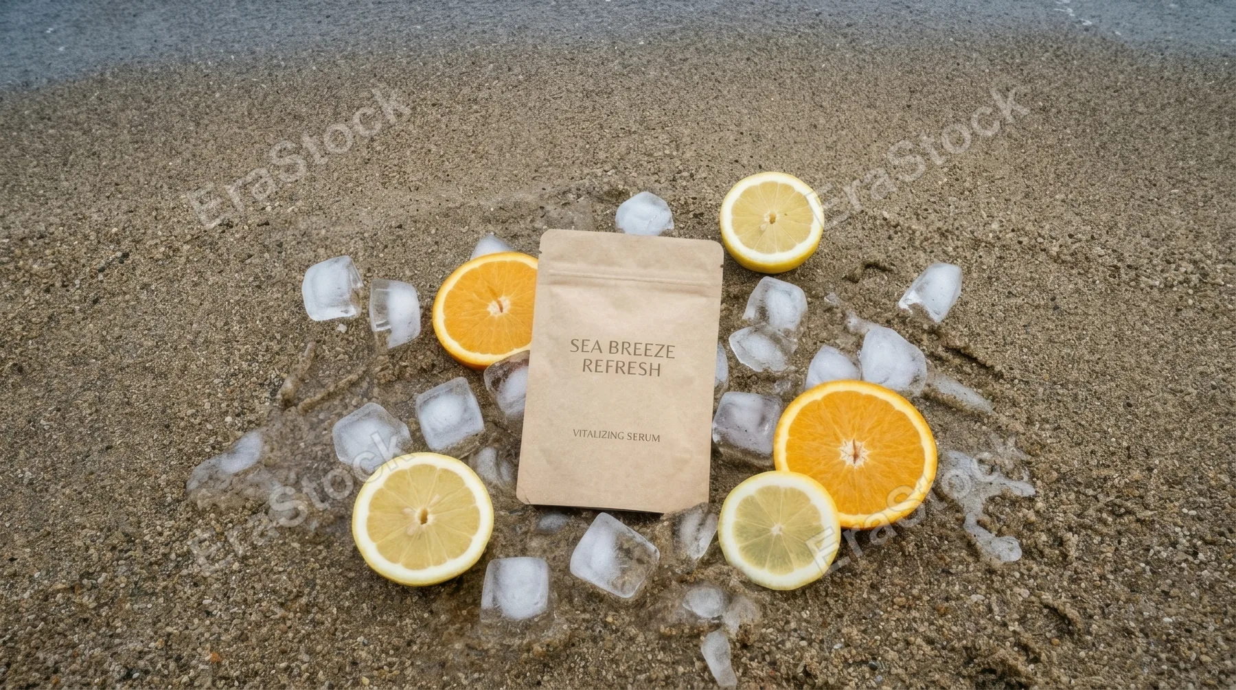 an overhead view of the small serum pouch placed on the sandy surface near the water, surrounded by melting ice and citrus slices. this unique perspective showcases the