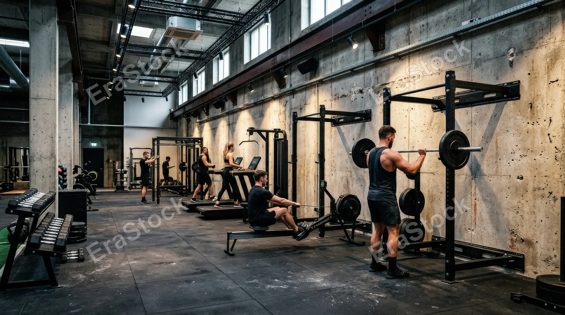 A modern gym interior with fitness equipment against a concrete wall, sleek machines, industrial textures, focused energetic lighting, ultra-realistic, no logos.