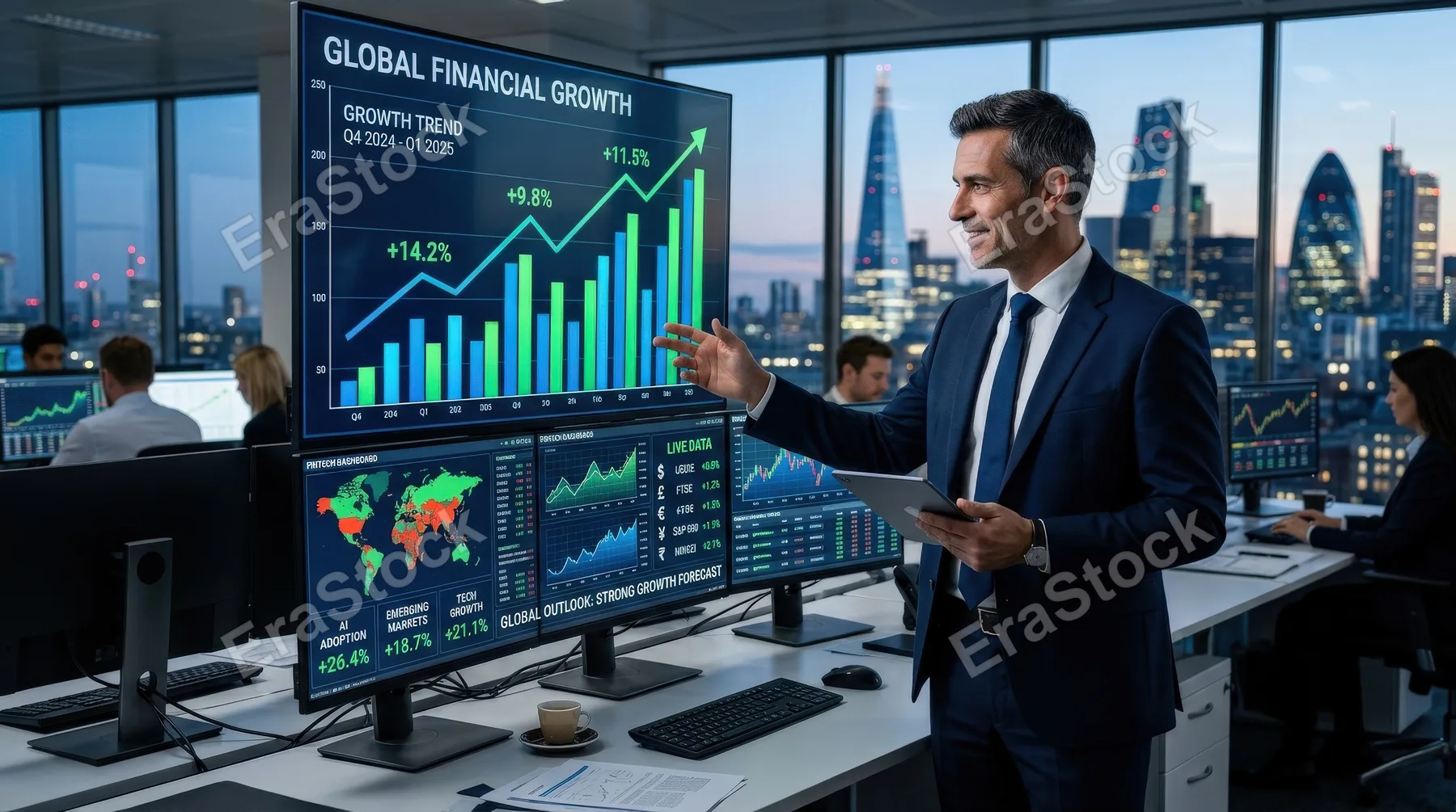 A market analyst evaluating global financial growth with AI-powered charts, rising bars, currency symbols and fintech dashboards, confident investment atmosphere, ultra-realistic, no logos.