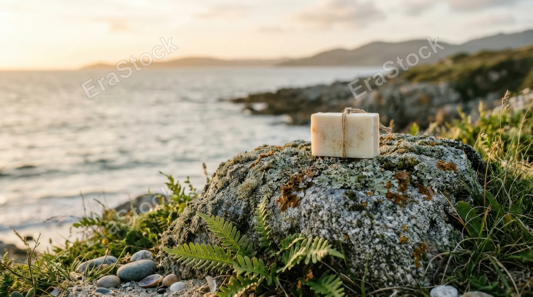 a soft, inviting composition featuring an unlabeled soap bar resting elegantly on a lichen-covered stone, surrounded by delicate fern accents. the coastal vibe is