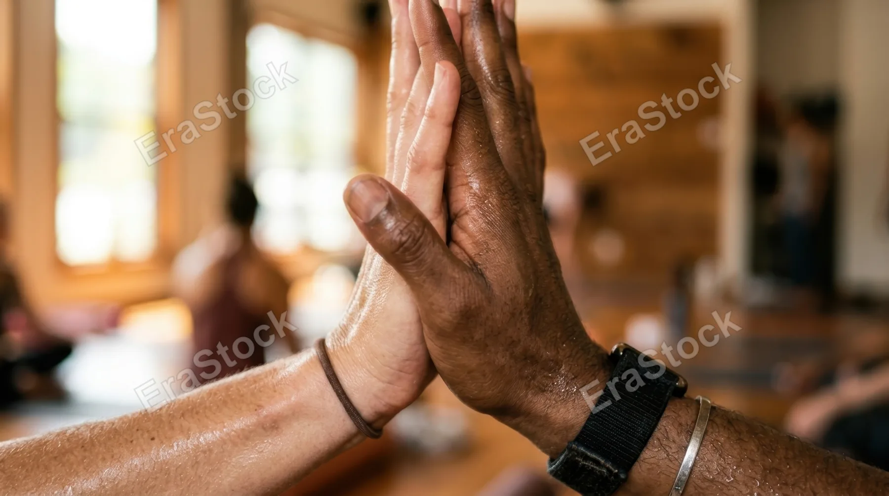 Close-up detail shot of two hands meeting in an energetic high-five, fingers extended and palms connecting with dynamic energy, beads of perspiration visible on skin