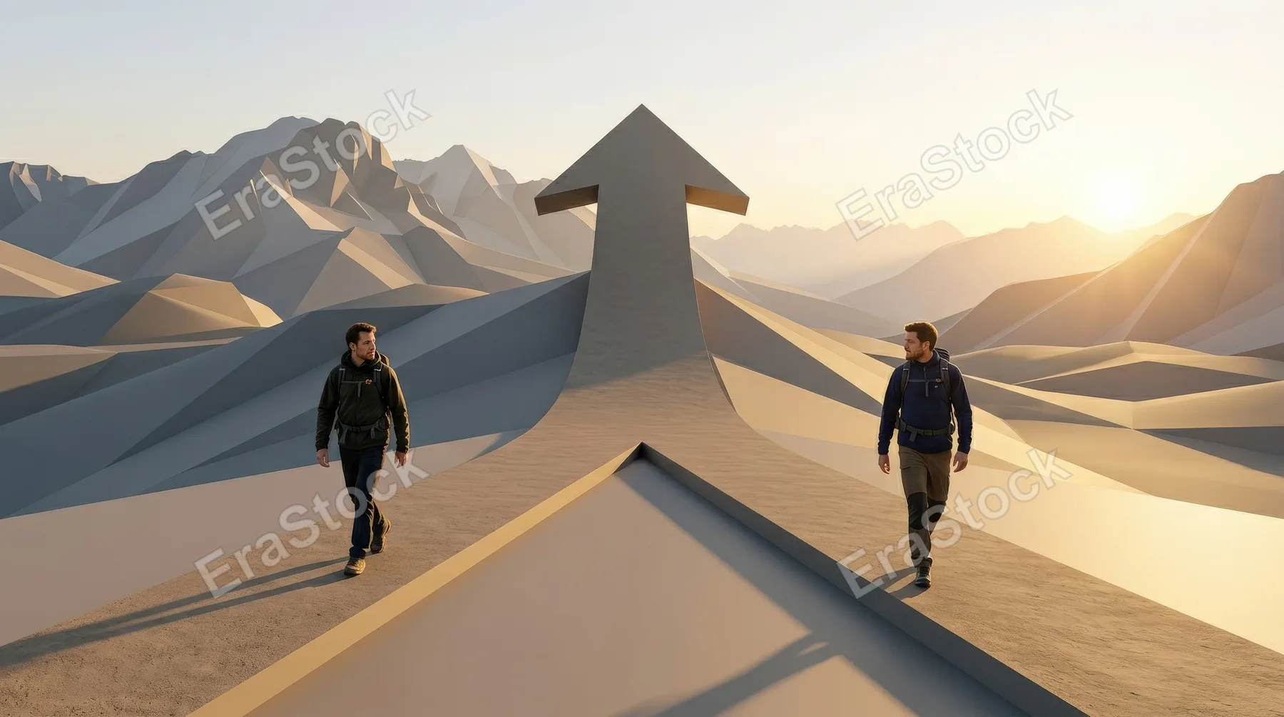Two men walking on separate paths that merge into one large upward arrow, minimalist landscape, smooth geometry, bright directional light and a strong atmosphere of partnership and unified growth,