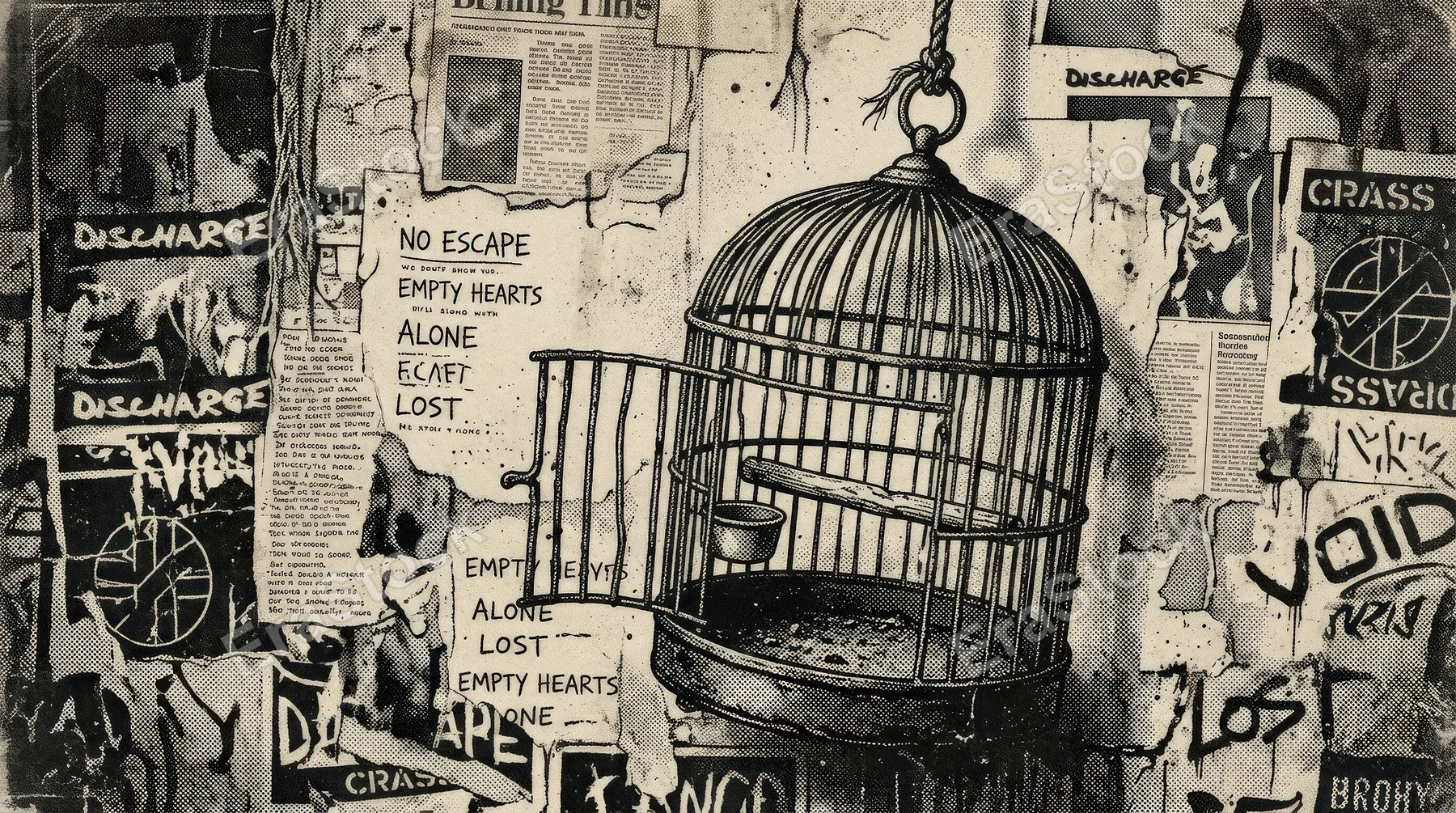 An empty bird cage illustration with vintage halftone stipple effect, grunge punk collage mood and worn retro melancholy, ultra-realistic, no logos.