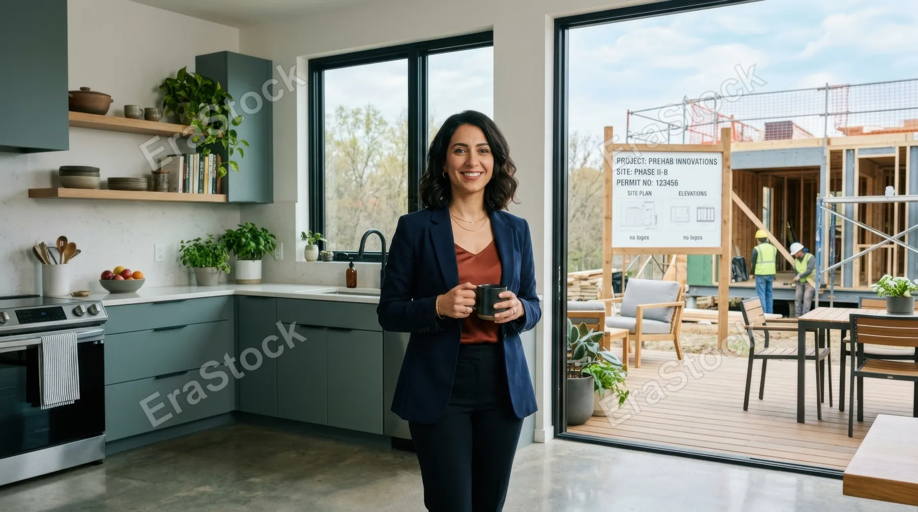 a 36-year-old middle-eastern female marketing director stands confidently in a modern kitchen that seamlessly transitions to a functional outdoor space, clean lines