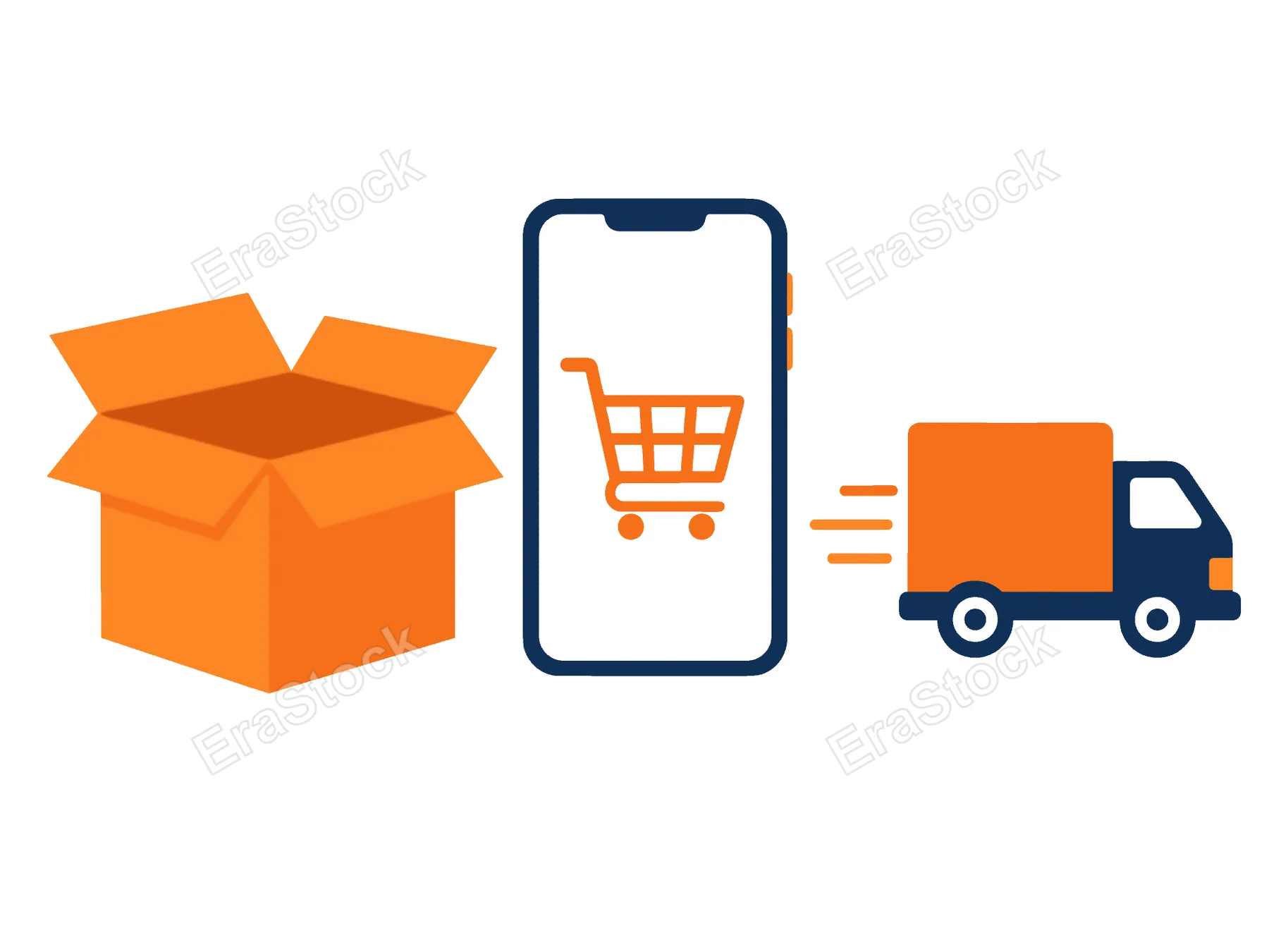 A smartphone displaying a shopping cart icon connects to a delivery truck and an open box, symbolizing e-commerce logistics