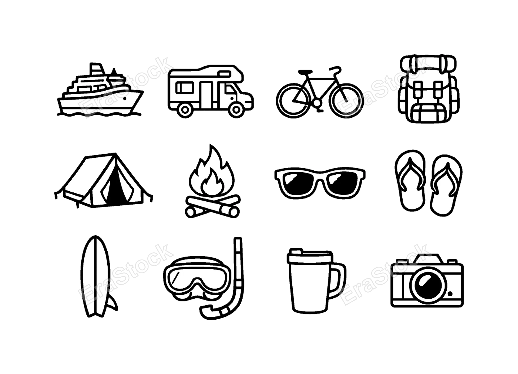 Vacation travel activities: cruise ship, camper van, bicycle, hiking backpack, tent, campfire, sunglasses, flip flops, surfboard, snorkel mask, travel mug, photo camera