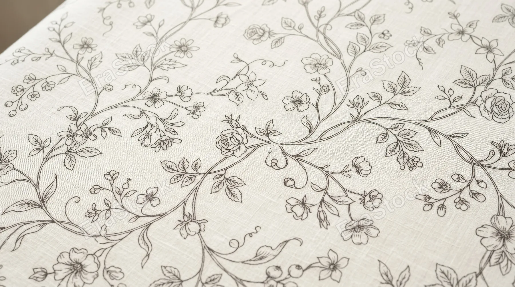 Delicate floral line pattern with intricate blooms and winding vines on a pale background, elegant airy composition and refined botanical calm, ultra-realistic, no logos.