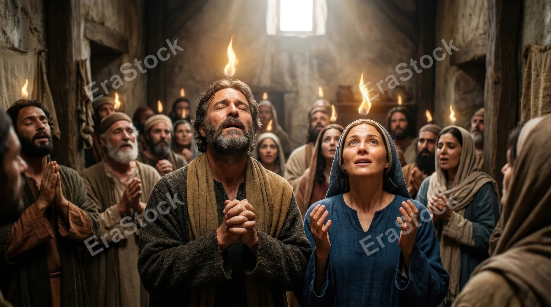 A man and woman receiving tongues of fire at Pentecost, uplifted faces glowing with divine flame, flowing robes, gathered believers and sacred interior light, awe-filled apostolic atmosphere,