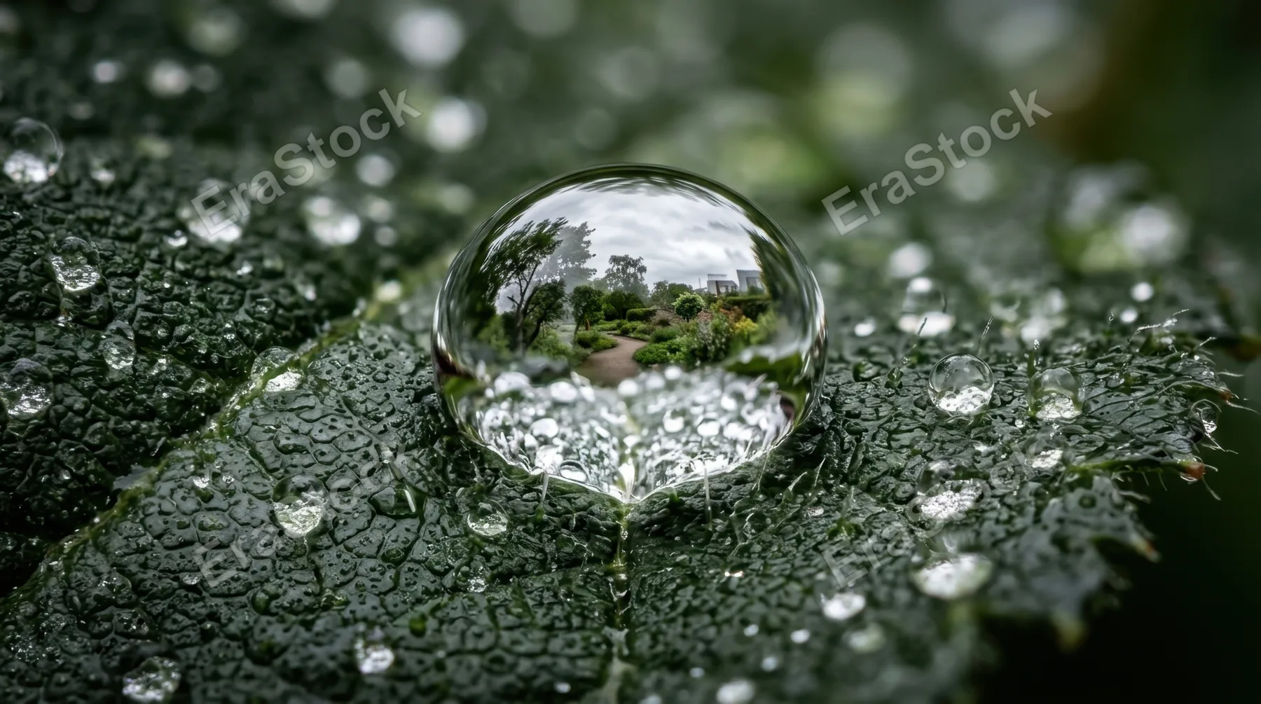 Extreme macro of a single raindrop resting on a dark green leaf surface, the droplet acting as a perfect convex lens showing a razor-sharp inverted miniature world within