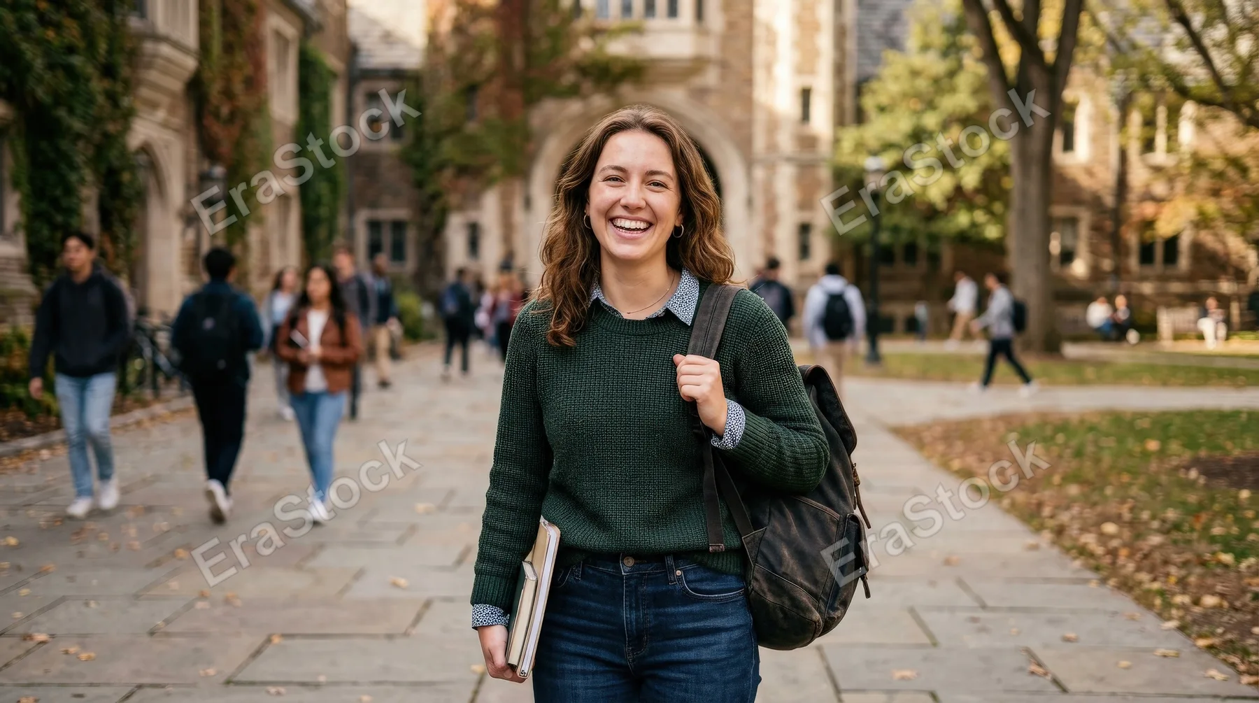 Portrait of a female adult student with a toothy smile on a university campus, casual smart clothing, blurred academic setting, natural light and confidence, ultra-realistic, no logos.