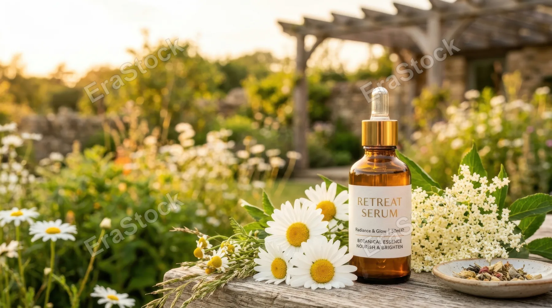 a bold, clean commercial composition focusing on the amber serum bottle styled among oxeye daisies and elderflower blooms, optimizing copy space around the product. the