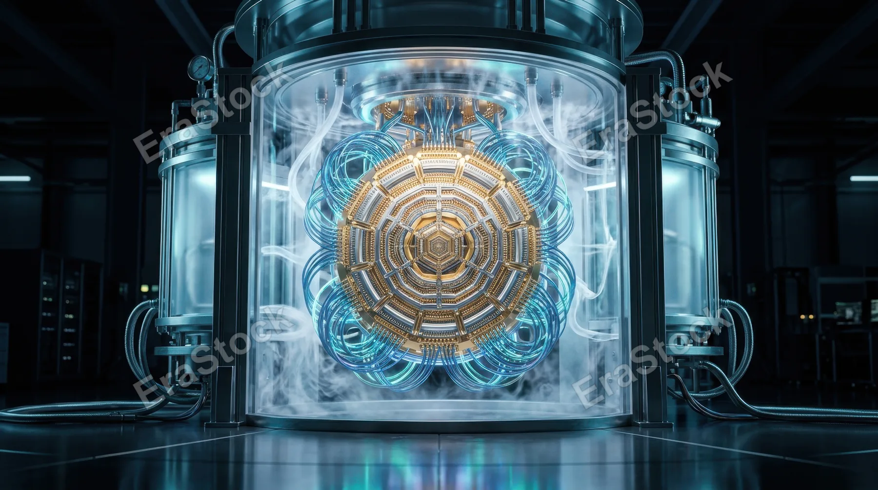A hyper-detailed quantum computer core suspended inside a cryogenic cooling chamber, gleaming gold and silver processor chips arranged in fractal-like concentric rings,