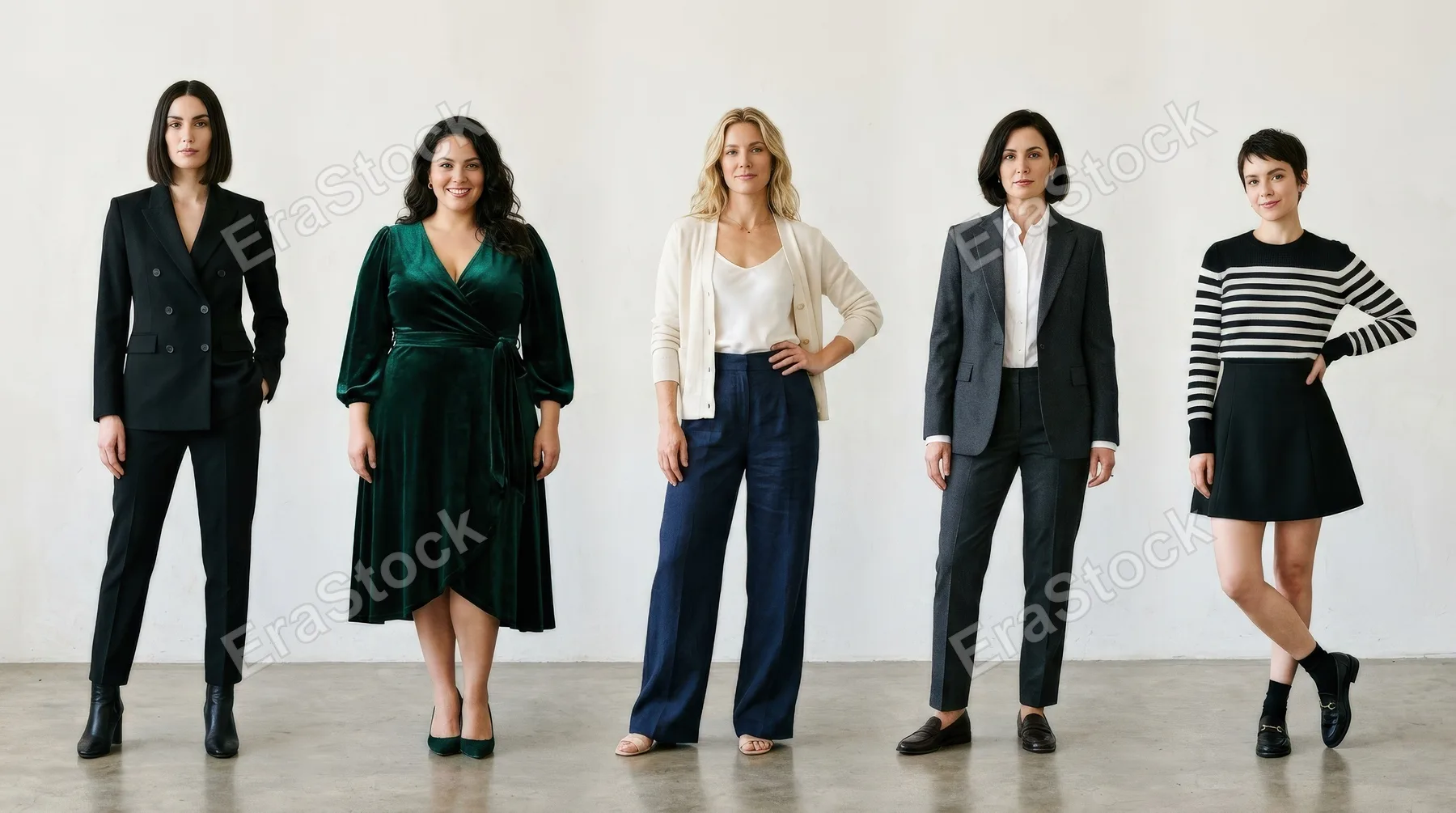 A stylish portrait lineup inspired by Kibbe body types, varied silhouettes, tailored fashion details, clean backdrop, confident poses, polished editorial mood, ultra-realistic, no logos.