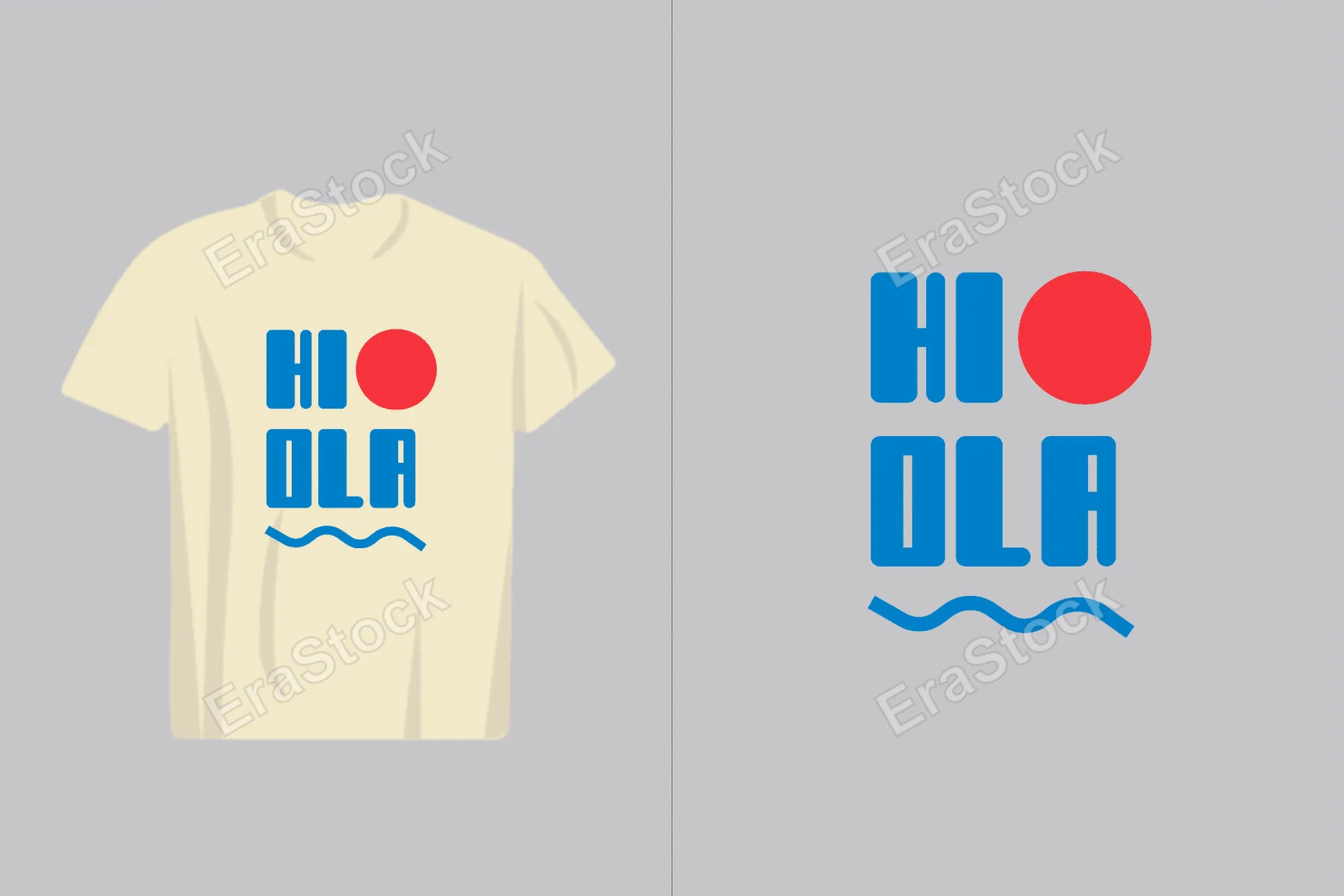 A minimalist graphic featuring the words "Hi Ola" in bold blue letters with a red circle and blue wave element, presented on a t-shirt mockup and as a standalone design