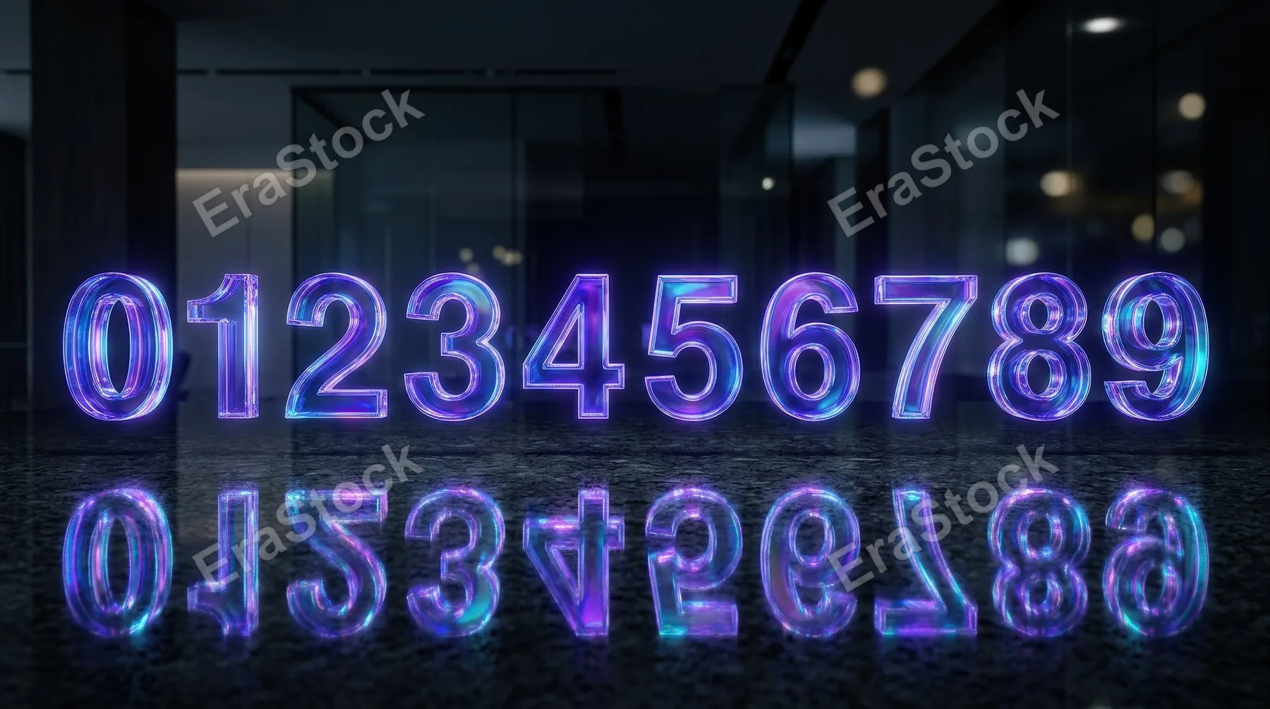 A holographic number set from 0 to 9 in iridescent purple-blue glass with realistic reflections and shadows, ultra-realistic, no logos.