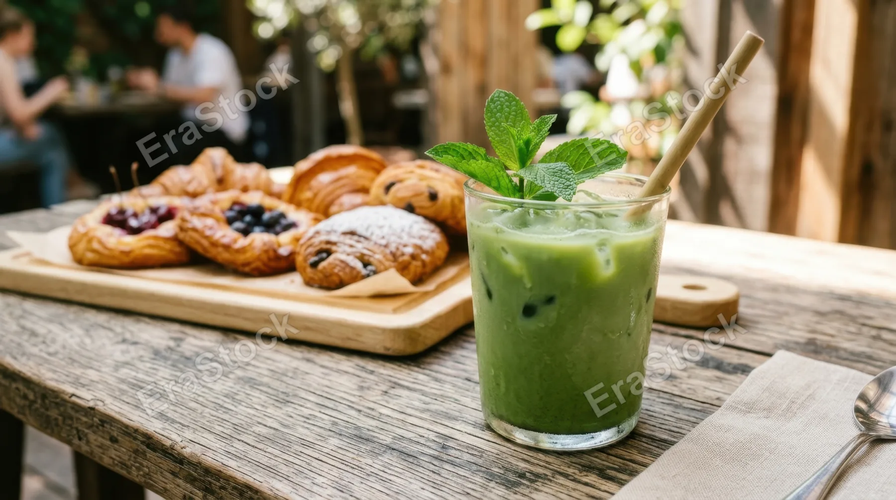 a close-up of an iced matcha drink served in a clear glass, garnished with fresh mint leaves, resting on a rustic wooden table. in the background, a variety of freshly