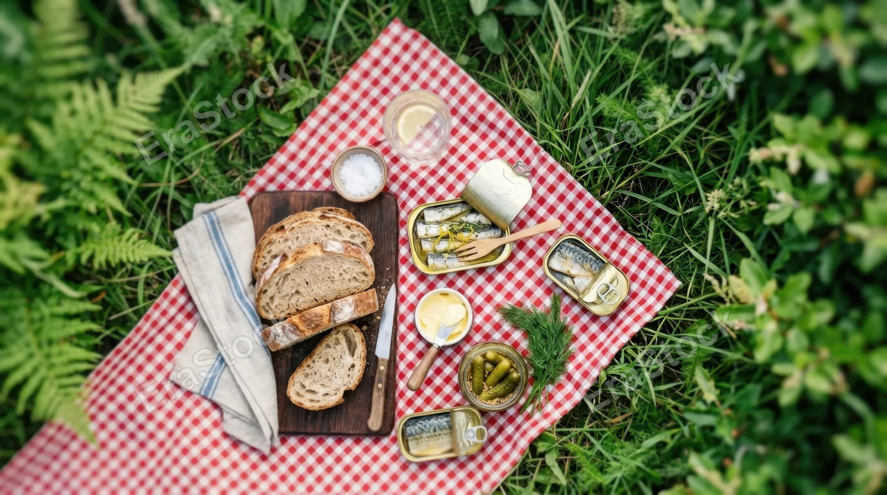 an overhead view of the gingham picnic setup with a diagonal crop that captures the arrangement of tinned fish, crusty bread, and pickles, framed by lush greenery. the