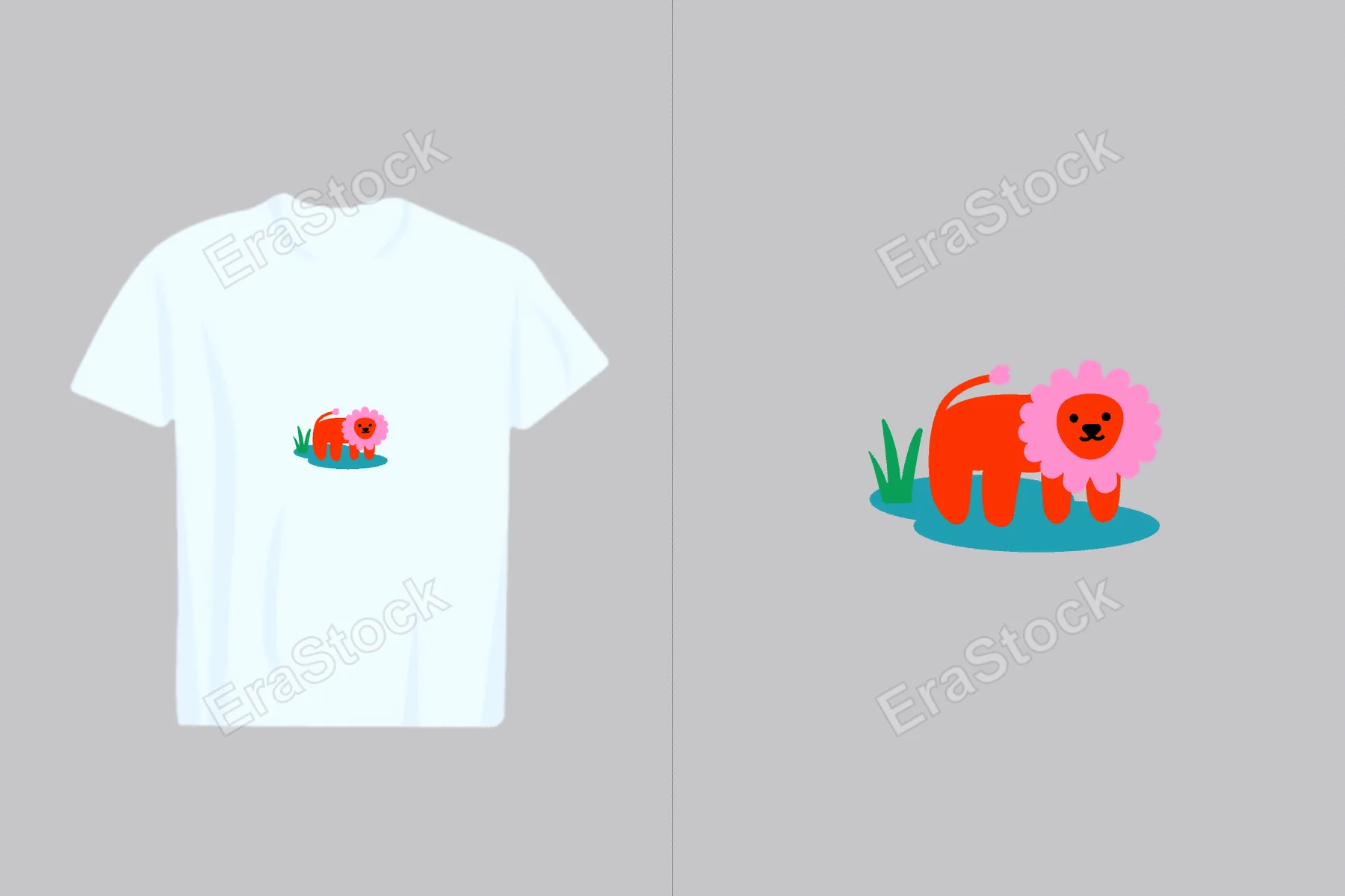 A playful illustration of a stylized orange lion with a pink mane and green grass, presented as a t-shirt graphic and a standalone design