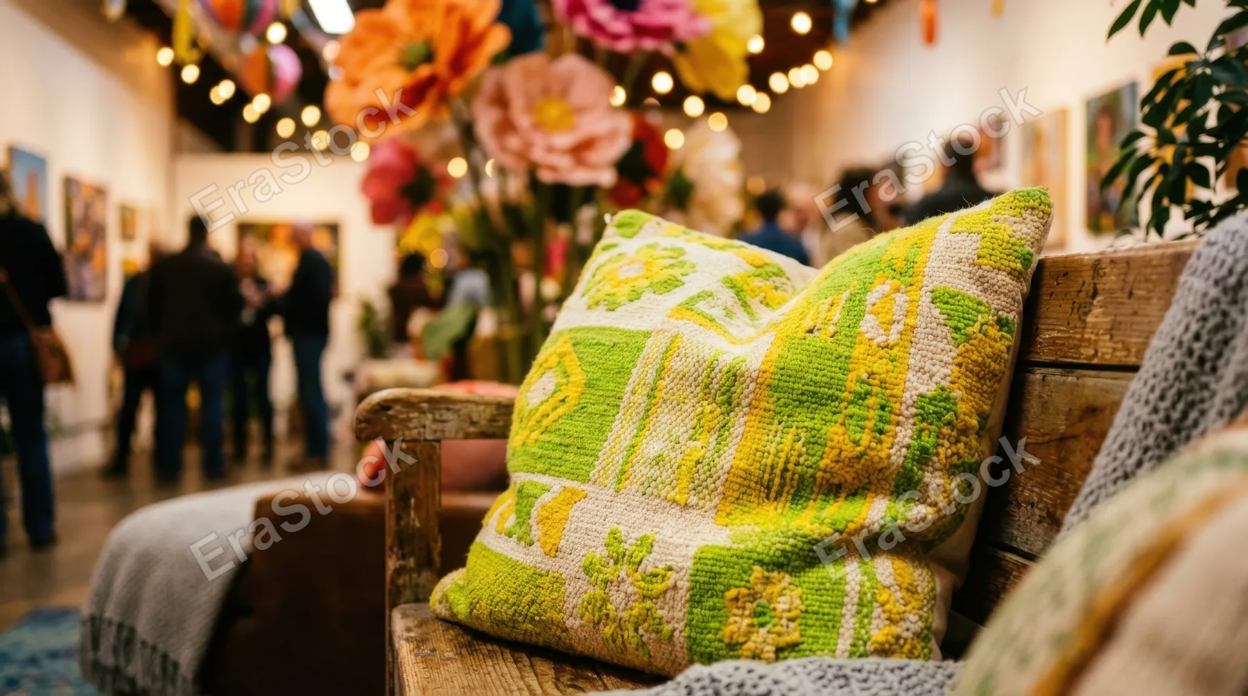 a close-up view of a plush cushion in the cozy seating area, showcasing its vibrant colors of lime and yellow, with the warm light softly illuminating the textures. the