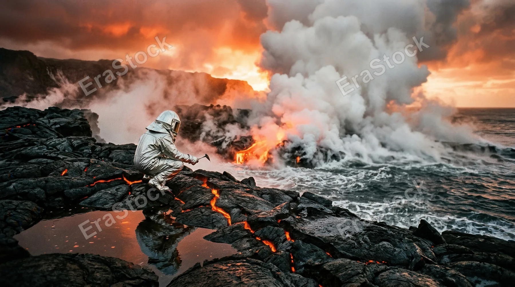 A volcanologist in heat-protective silver suit crouching at the edge of an active lava delta where molten rock meets ocean, steam explosions erupting violently where the
